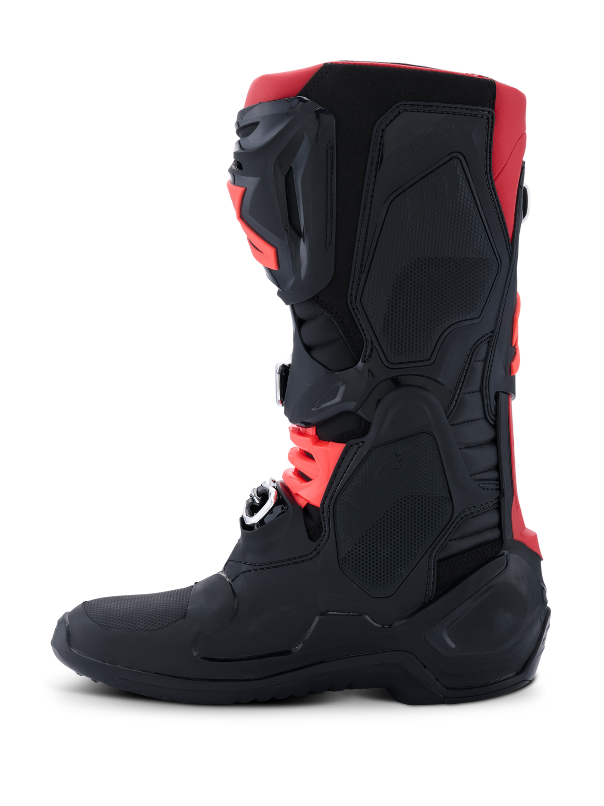 Alpinestars Tech 10 Boots, Motocross Boots, Black and Red, side view showing the protective TPU chassis, cold-forged aluminum buckles, and streamlined off-road design.