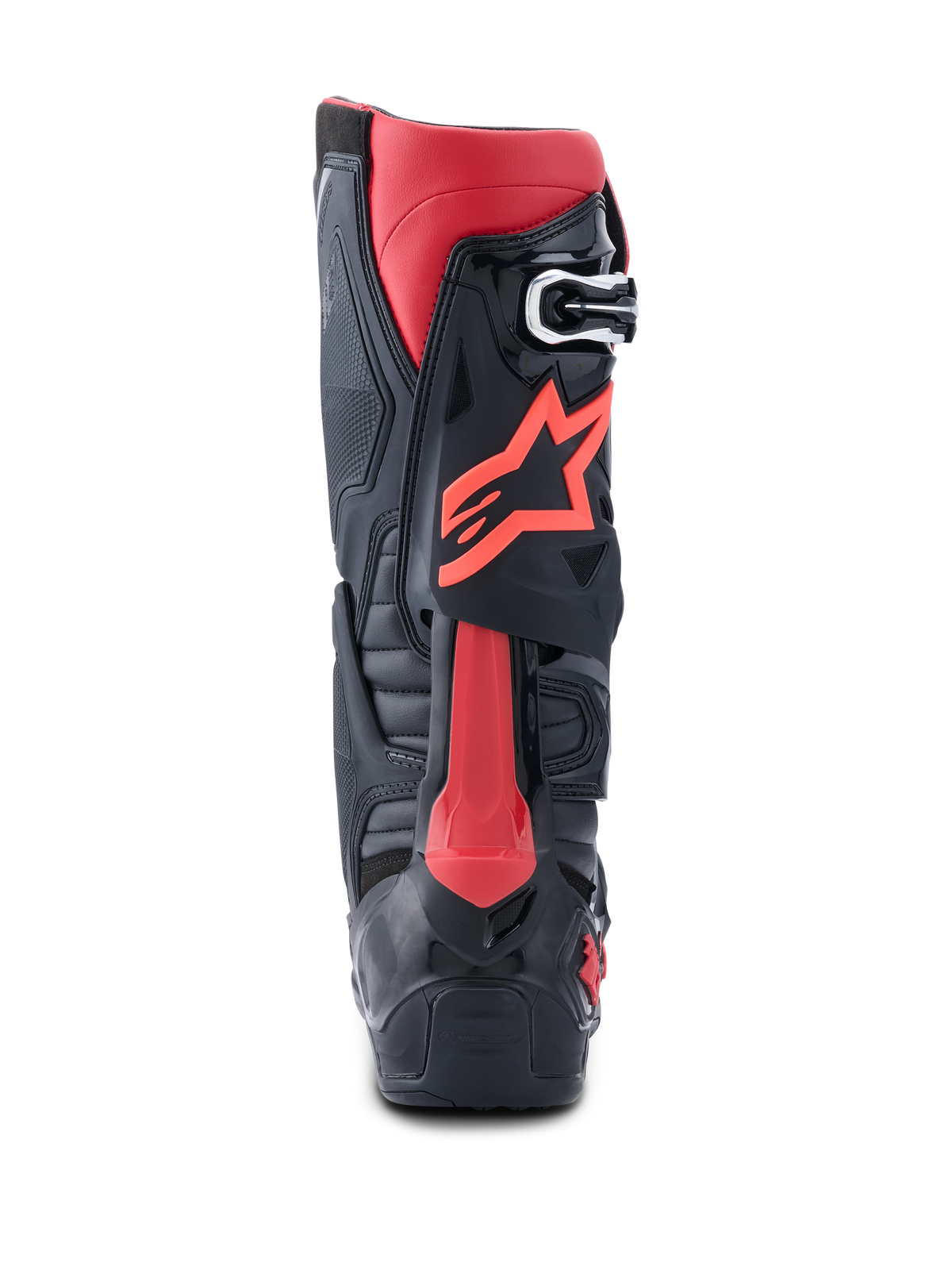 Alpinestars Tech 10 Boots, Motocross Boots, Black and Red, rear profile view featuring red Astars logo, Dynamic Heel Compression Protector, and robust TPU chassis for high-performance off-road racing.
