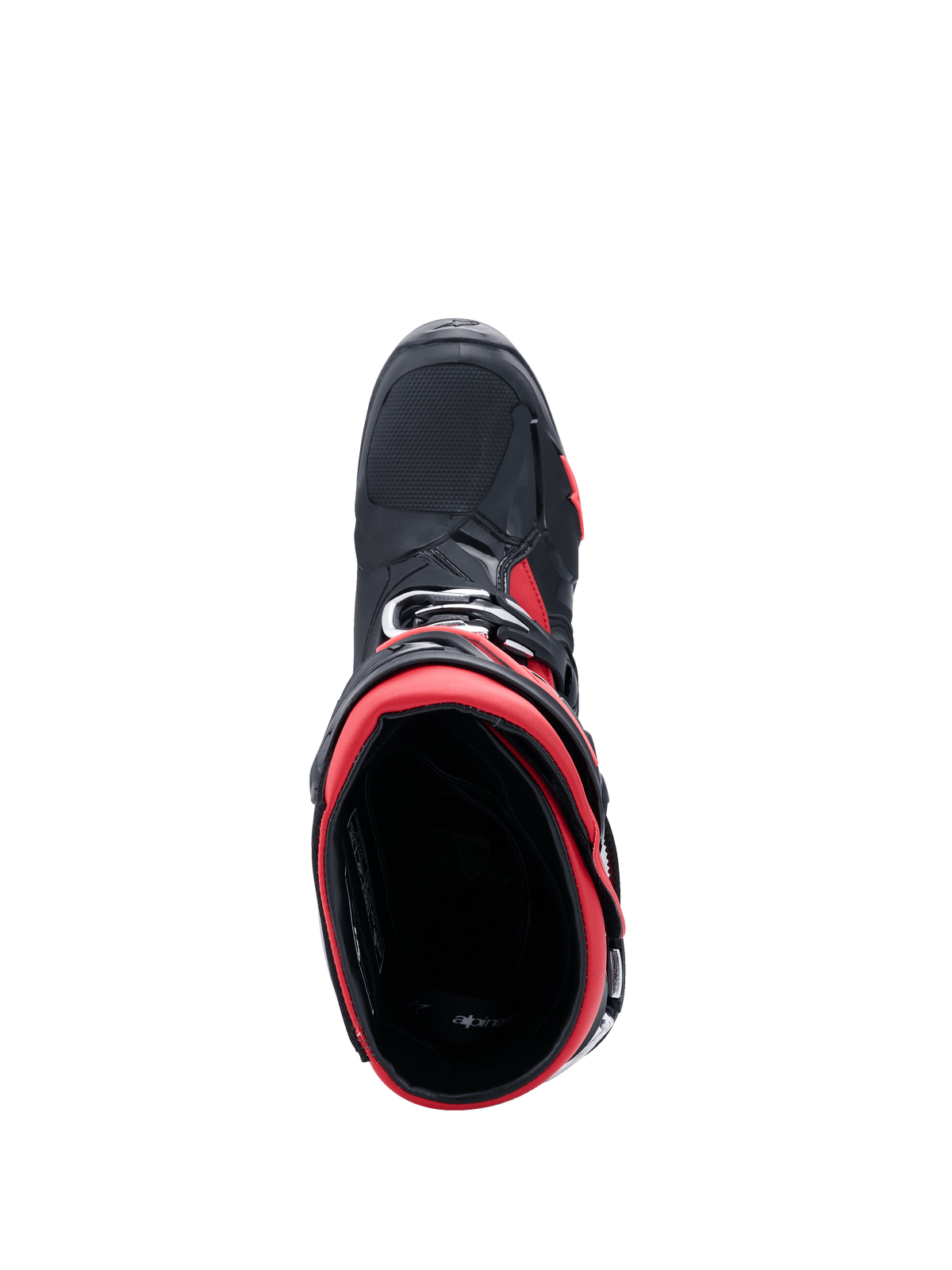 Alpinestars Tech 10 Motocross Boots, Black and Red, top-down view looking into the boot opening, highlighting the red interior lining and black outer chassis with red accents, sleek professional off-road gear design