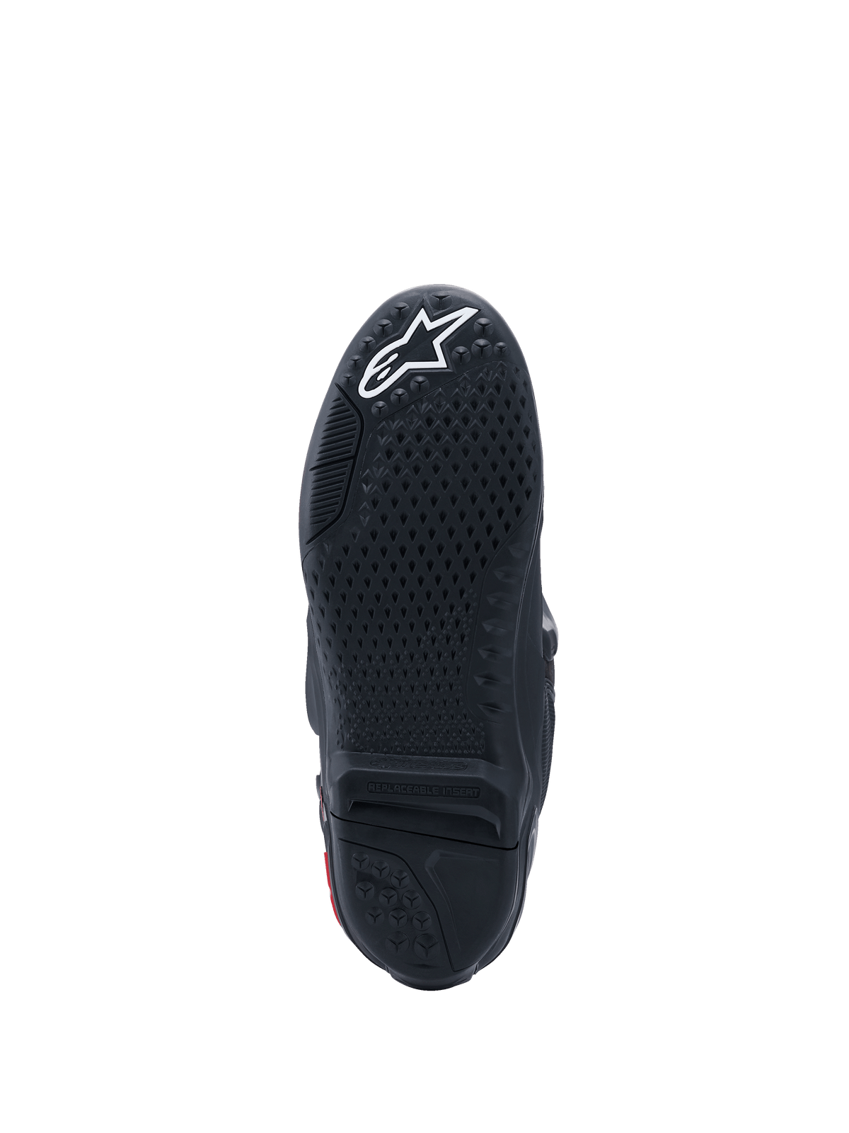 Alpinestars Tech 10 Boots, Bottom Sole View, Black with White Logo, Textured Grip Pattern, Replaceable Central Insert, High-Performance Motocross Footwear