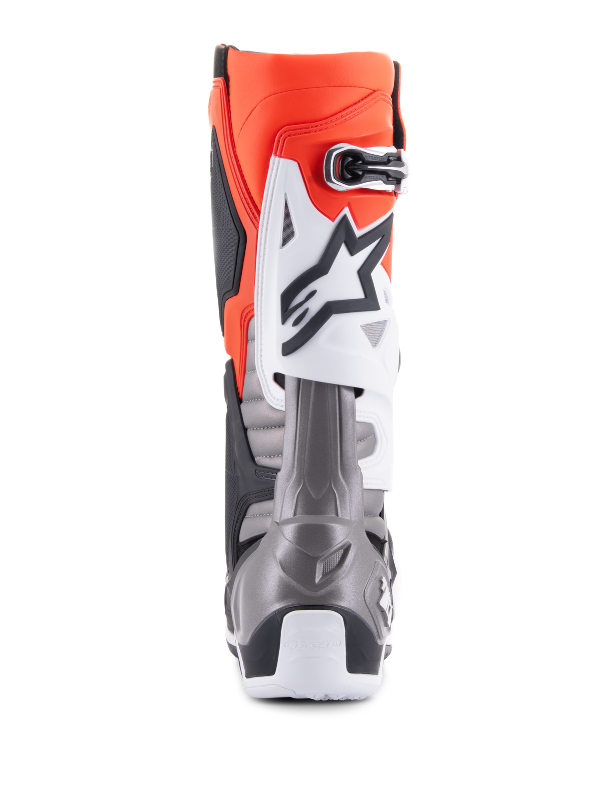 Alpinestars Tech 10-stövlar, motocross-stövlar, svarta, röd fluo, orange fluo och vita, vy bakifrån med en klarorange ovandel, vit skyddsplatta med svart logotyp och metalliskt grå hälsektion för prestanda vid terrängkörning