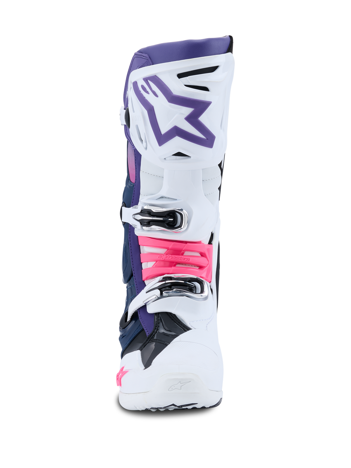 Alpinestars Tech 10-stövlar, motocross-stövlar, vit, violett, marinblå och neonrosa, vy framifrån, med ett vitt skyddande skal med en violett övre del, lila stjärnlogotyp och neonrosa detaljer på spännena, professionella stövlar för terrängkörning