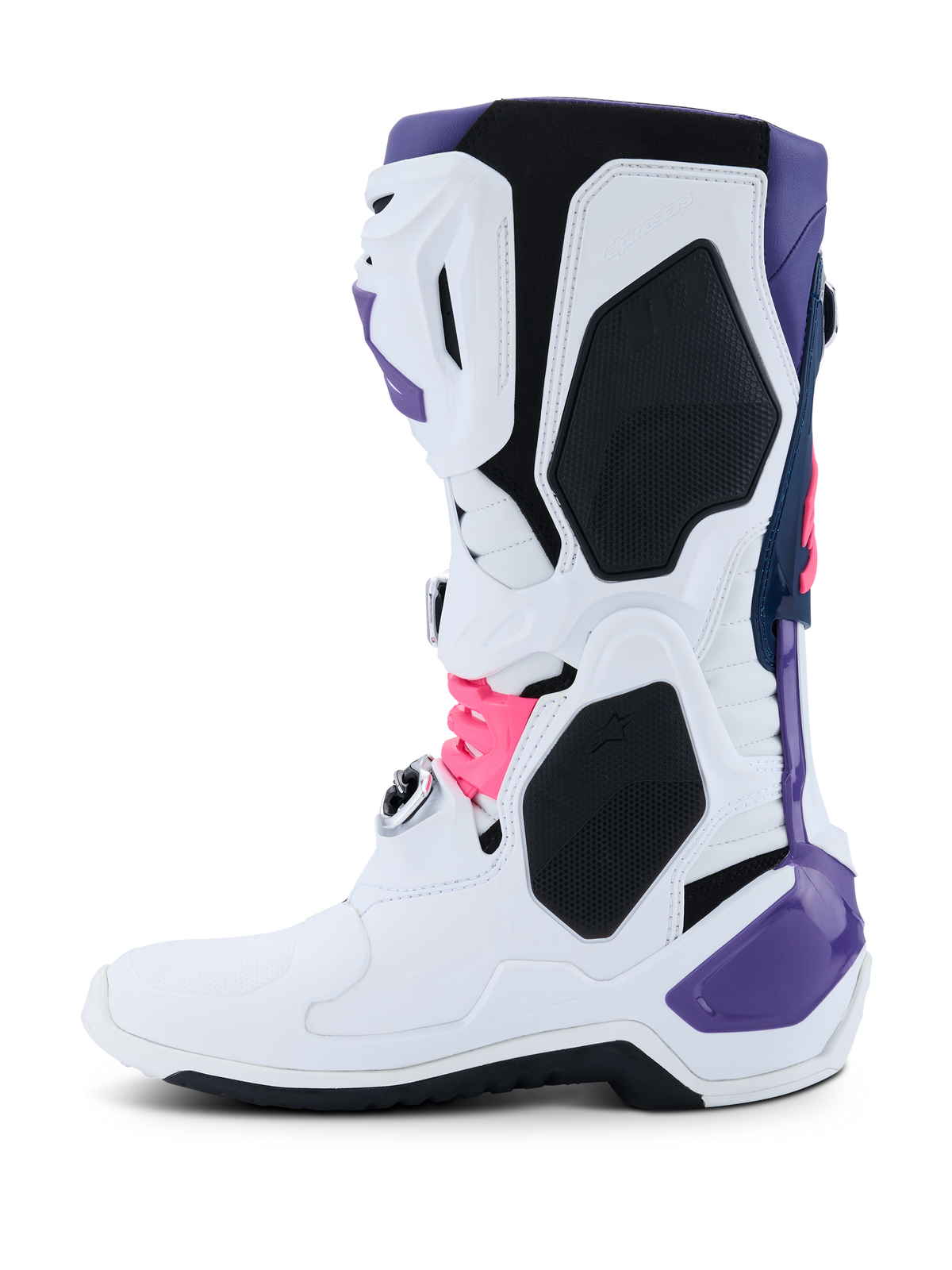 Alpinestars Tech 10-stövlar, motocrossstövlar, vit, violett, marinblå och neonrosa, sidoprofil med ett vitt huvudchassi med violetta, marinblå och neonrosa detaljer, skyddande TPU-paneler och en strömlinjeformad design för terrängprestanda
