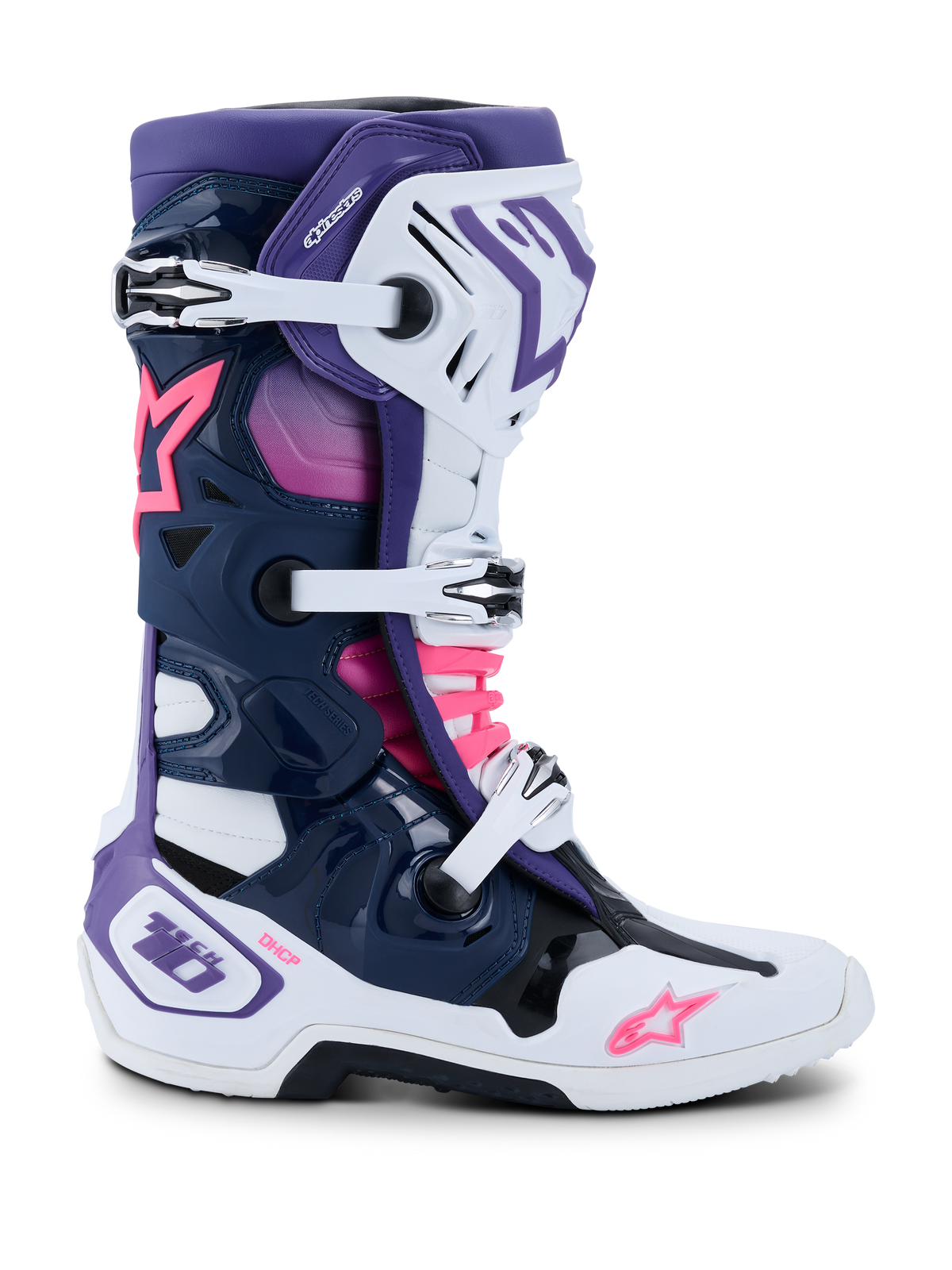 Alpinestars Tech 10-stövlar, motocross-stövlar, vita, lila, mörkblå och fluorescerande rosa, sidovy med trippelspännes-stängning, skyddande TPU-chassi, Alpinestars stjärnlogotyper och DHCP-märkning, högpresterande skor för terrängracing