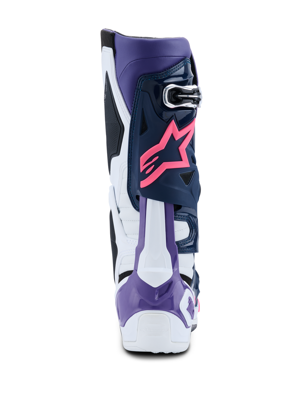 Alpinestars Tech 10-stövlar, motocross-stövlar, vit, violett, mörkblå och neonrosa, vy bakifrån med rosa Alpinestars-stjärnlogotyp, violett hälskydd och högpresterande flerfärgade skyddspaneler
