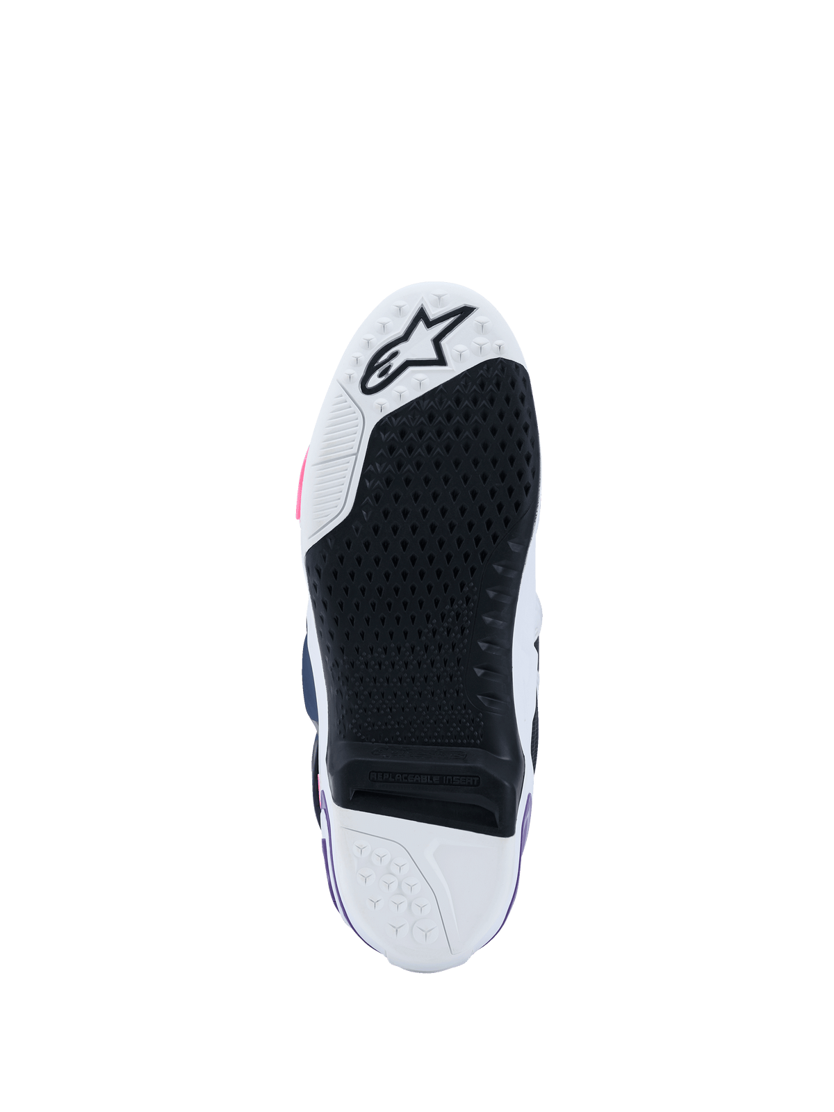 Alpinestars Tech 10-stövlar, vy av undersula, White Violet Navy Blue och Pink Fluo, greppvänligt svart gummimönster med utbytbar central insats, vit tå och häl med stjärnlogotyp, professionella motocross-stövlar