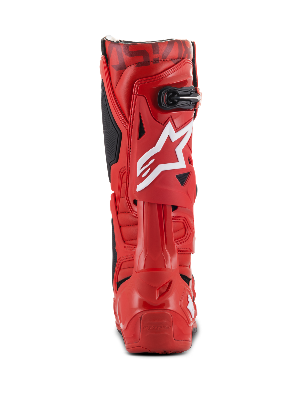 Alpinestars Tech 10-stövlar, motocross-stövlar, röda, vy bakifrån med vit stjärnlogotyp på vaden, svart spänne upptill och hållbart rött TPU-skal för terrängkörning