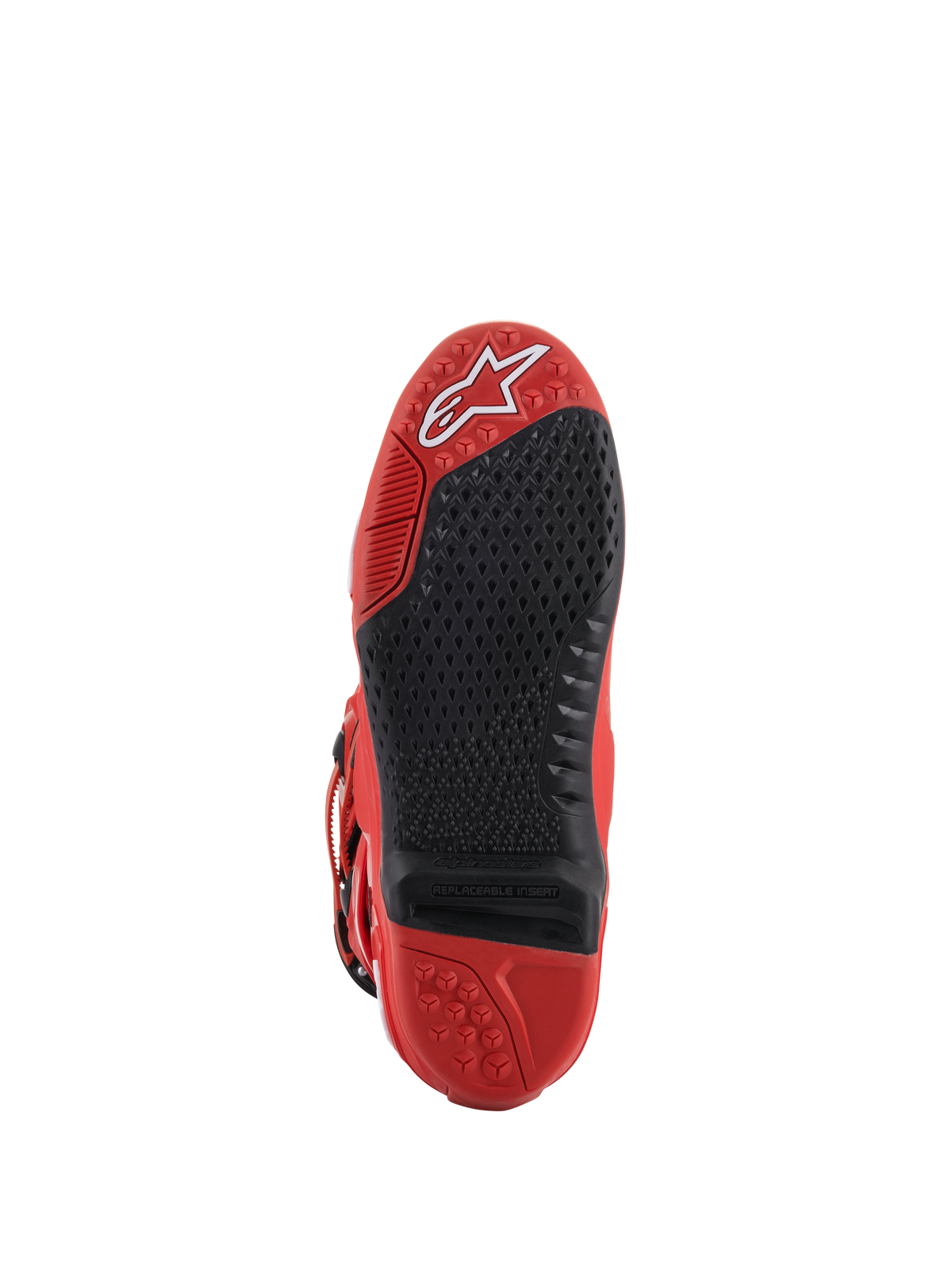 Alpinestars Tech 10-stövlar, röda, vy av sulan, med en svart utbytbar central sulinsats med mikrogreppstruktur, vit Alpinestars-logotyp på tån, hållbar gummikonstruktion för motocross