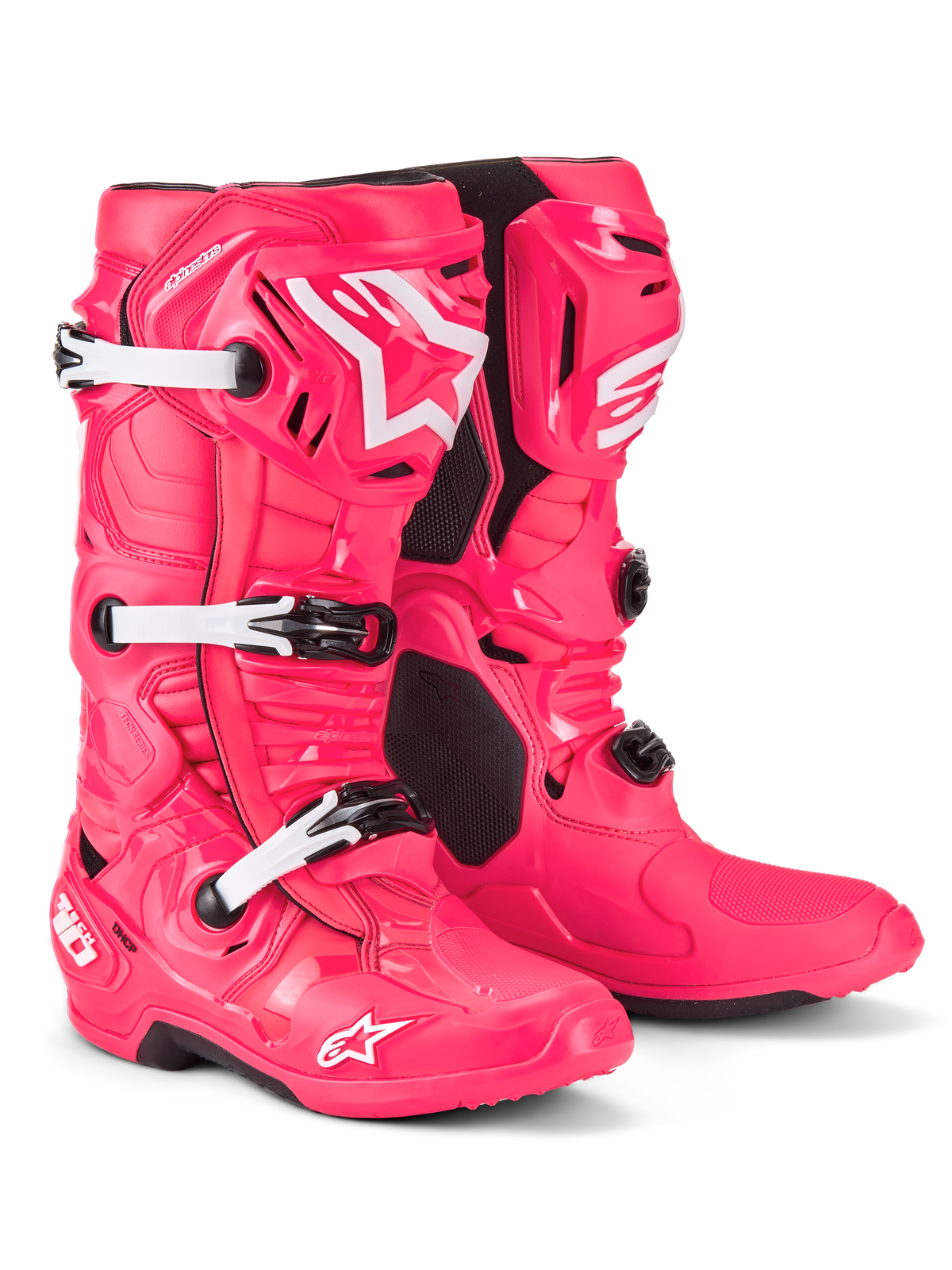 Alpinestars Tech 10-stövlar, motocross-stövlar, Diva Pink och vita, med en lätt kompositkonstruktion, trippelt spännsystem, TPU-skyddsskal och ikonisk stjärnlogotyp på skenben och tå, professionell racingutrustning för offroad.