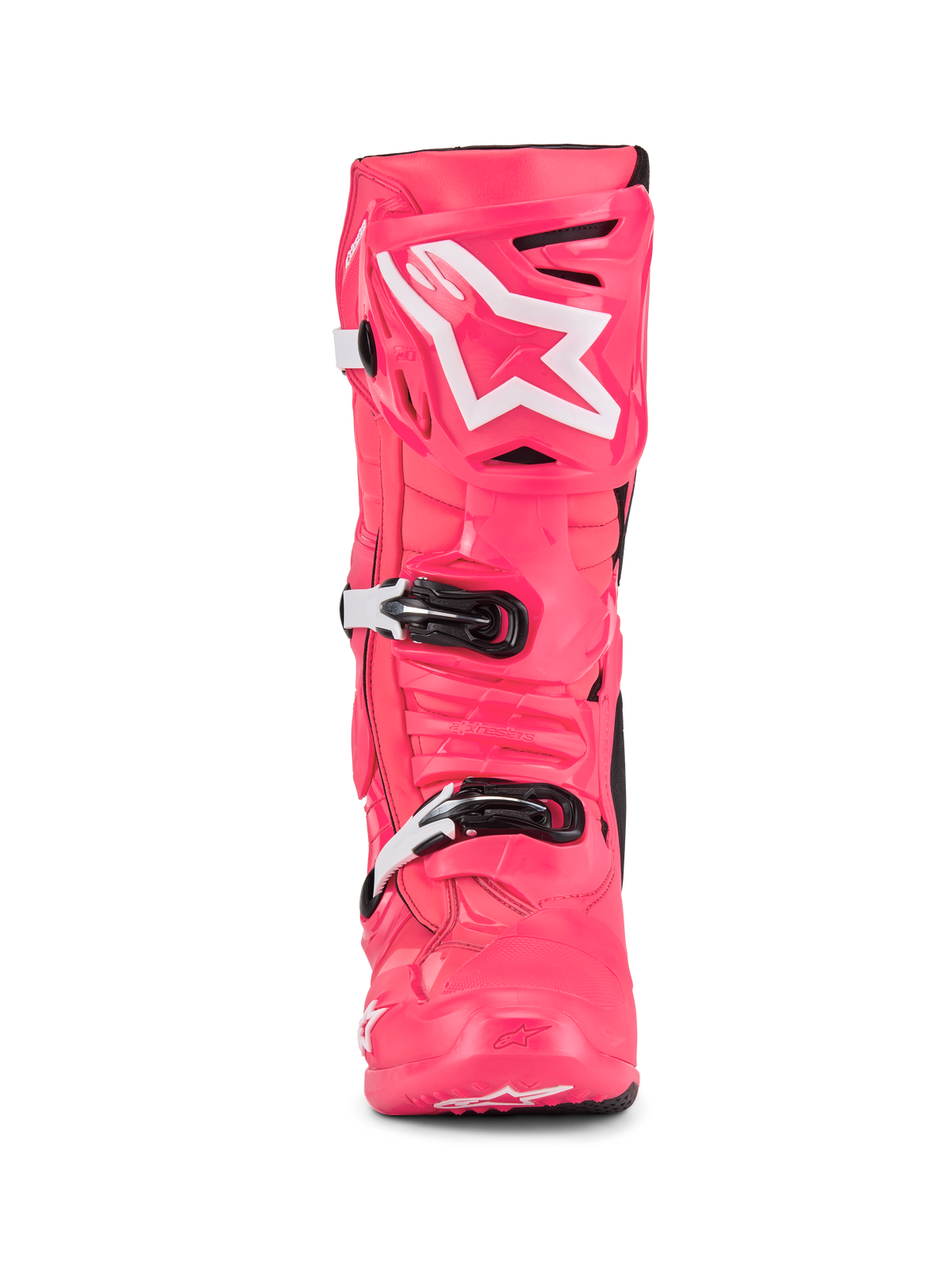 Alpinestars Tech 10-stövlar, motocross-stövlar, Diva Pink och vit, framifrån, med vit stjärnlogotyp på skenbensplattan, hållbart TPU-skal med svarta och vita spännen, professionella racingstövlar för terrängkörning