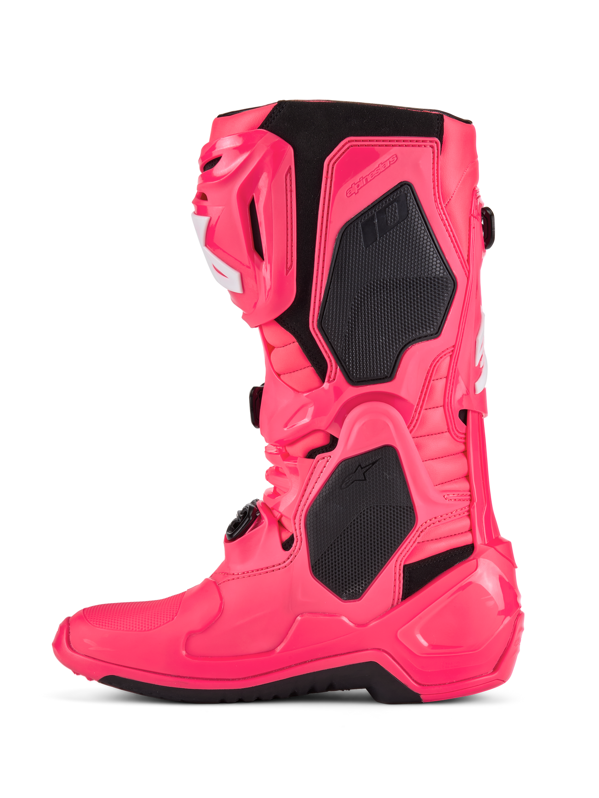Alpinestars Tech 10-stövlar, motocross-stövlar, Diva-rosa och vita, med svarta TPU-skyddspaneler, ledad flex-ram och robust off-road-design