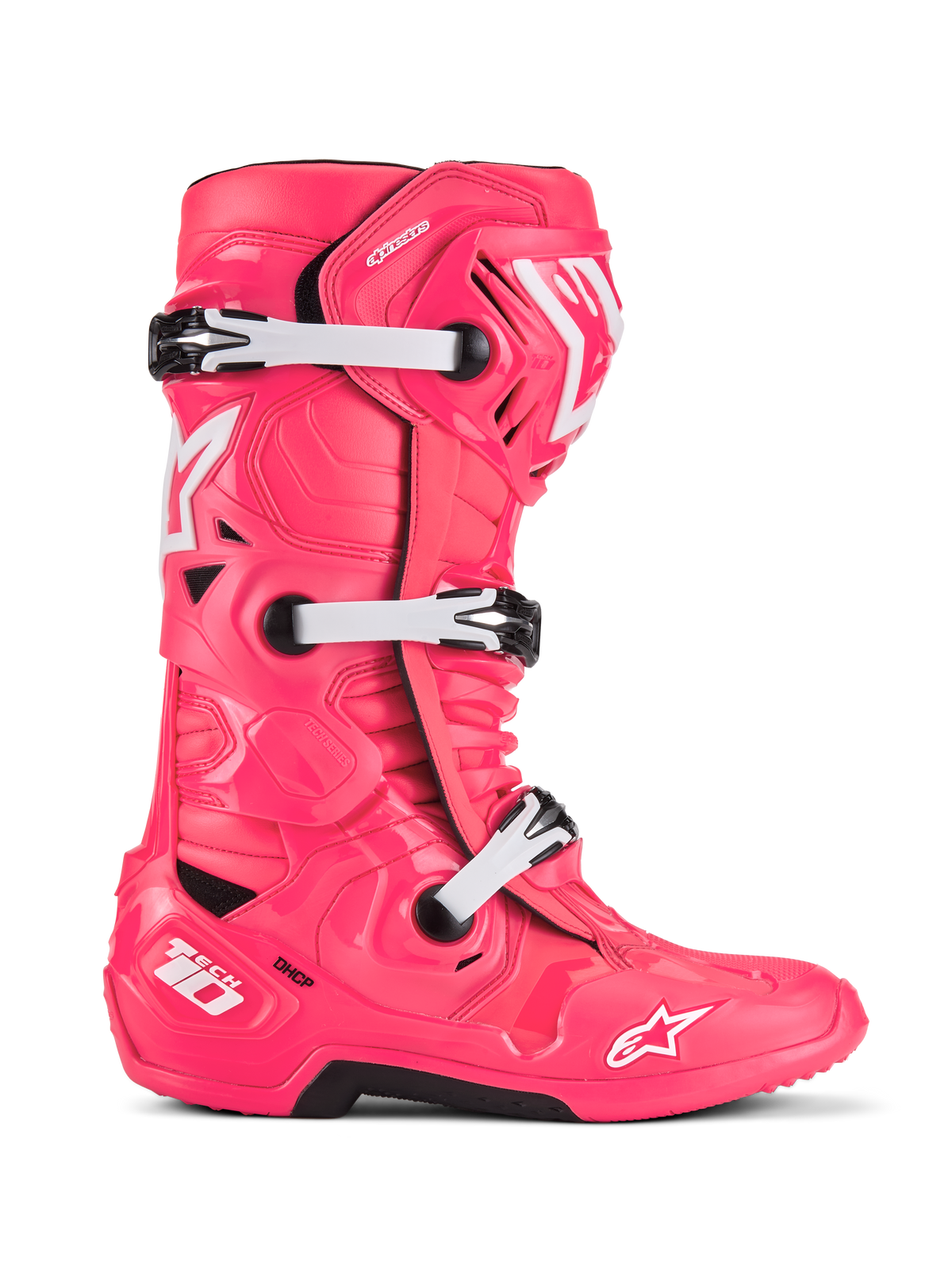 Alpinestars Tech 10-stövlar, motocross-stövlar, Diva Pink och vita, system med tre spännen, CE-certifierat skydd, texturerad kantig design med vita stjärnlogotyper och svart robust sula