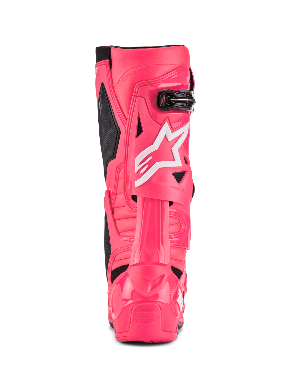 Alpinestars Tech 10-stövlar, motocross-stövlar, Diva Pink och vit, vy bakifrån med vit Alpinestars-stjärnlogotyp, svarta detaljer och strukturerat häl- och vadskydd, professionella skor för terrängkörning