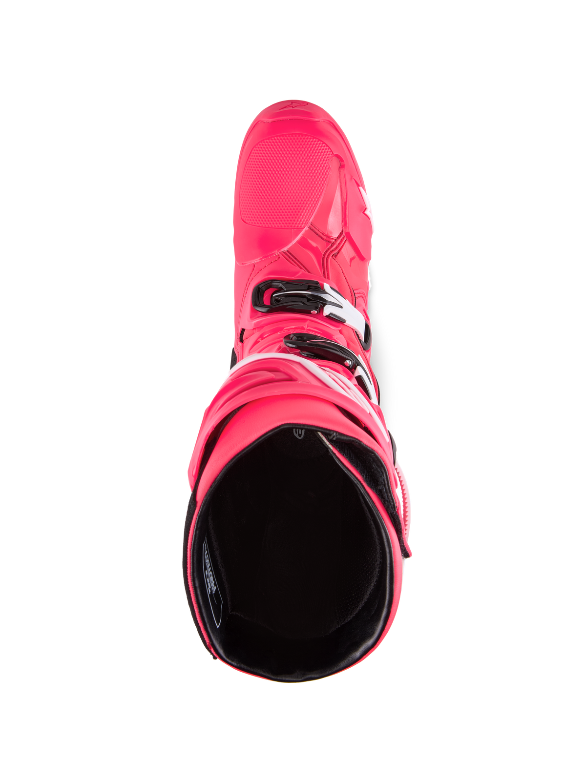 Alpinestars Tech 10-stövlar, motocross-stövlar, Diva Pink och vit, vy ovanifrån som visar det svarta innerfodret, rosa ytterskal med vita och svarta detaljer på spännena, högpresterande offroad-skor
