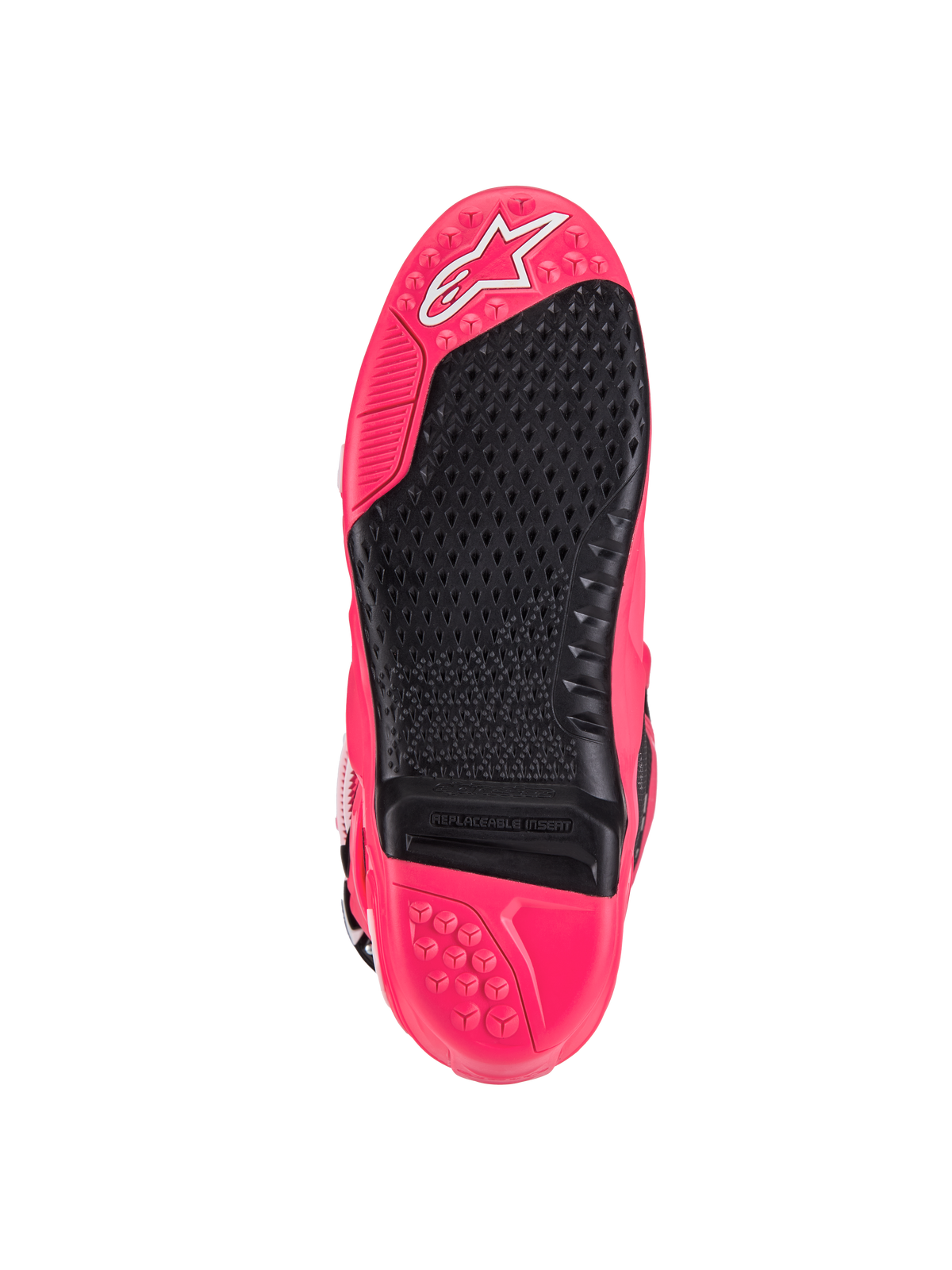 Alpinestars Tech 10-stövlar, motocross-stövlar, Diva Pink och svart, vy av undersulan med mönstrat grepp, utbytbar fotpinninsats och Alpinestars stjärnlogotyp, designade för överlägset grepp och hållbarhet