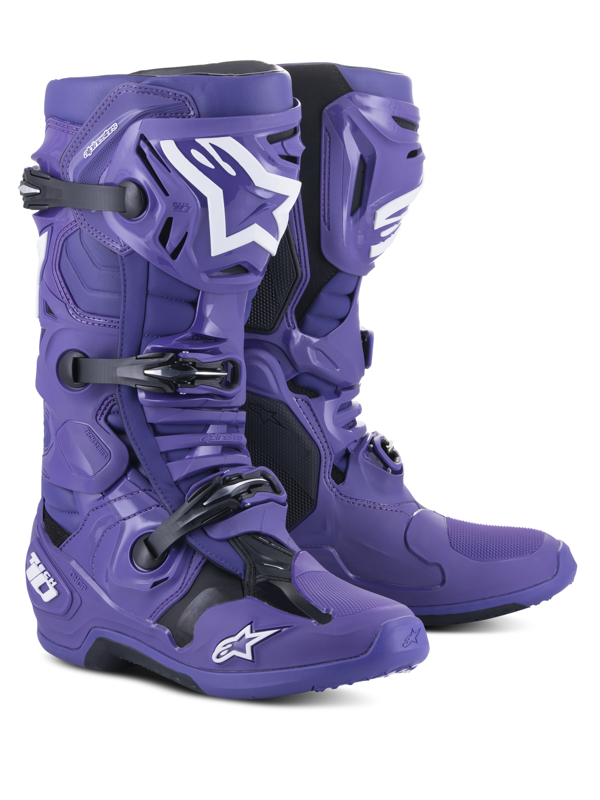 Alpinestars Tech 10 motocross-stövlar, ultraviolett lila med svarta och vita detaljer, med trippelspännessystem, TPU-skyddsskal och Alpinestars stjärnlogotyper, högpresterande skor för terrängkörning