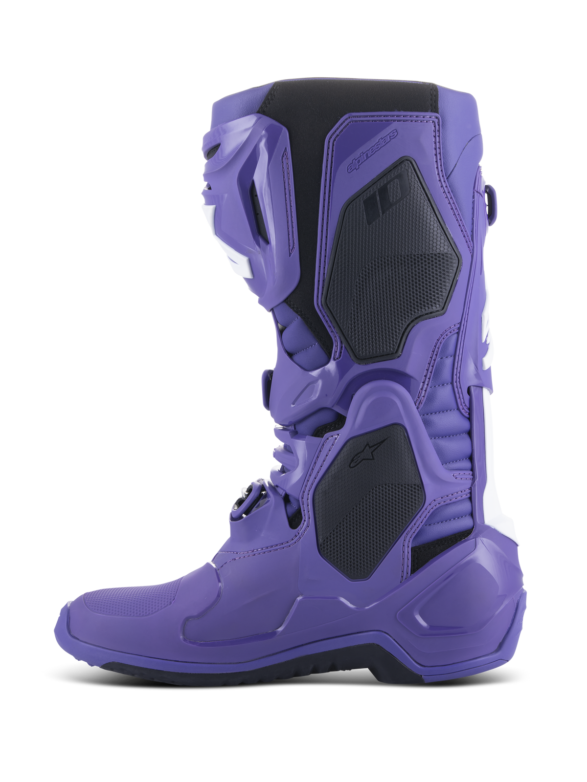 Alpinestars Tech 10 Stövlar, motocross-stövlar, Ultraviolet Black, profilvy från sidan, med ett livfullt lila TPU-skal, svarta och vita detaljer, avancerat spännsystem och förstärkta skyddspaneler för offroad-prestanda.