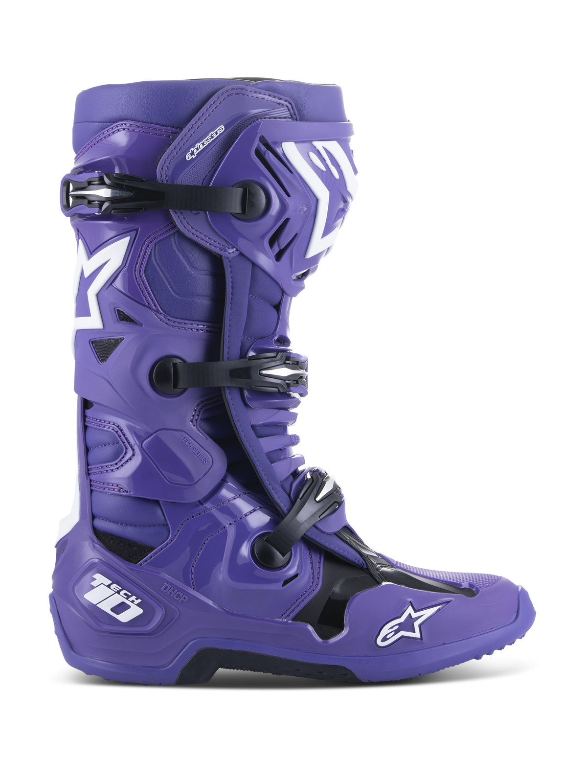 Alpinestars Tech 10 stövlar, motocross-stövlar för terrängkörning, ultraviolett lila med svarta och vita detaljer, med trippelspännen, vita stjärnlogotyper, Tech 10-märkning på hälen, robust sula, högpresterande skyddande fotbeklädnad
