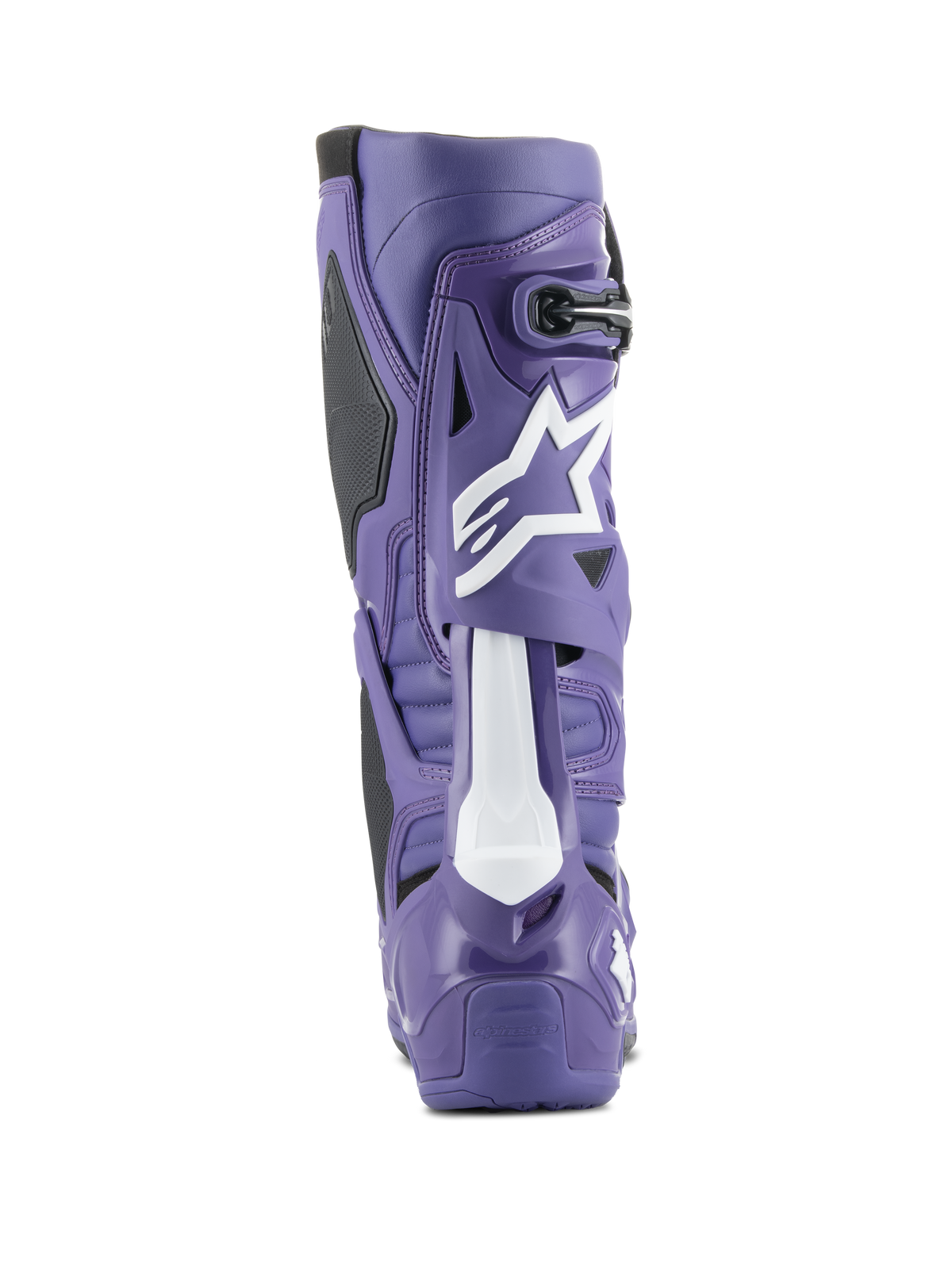 Alpinestars Tech 10 motocross-stövel, ultraviolett och svart, vy bakifrån som visar TPU-skal med hög densitet, vit Astars-logotyp på vaden och förstärkt häl för terrängkörning