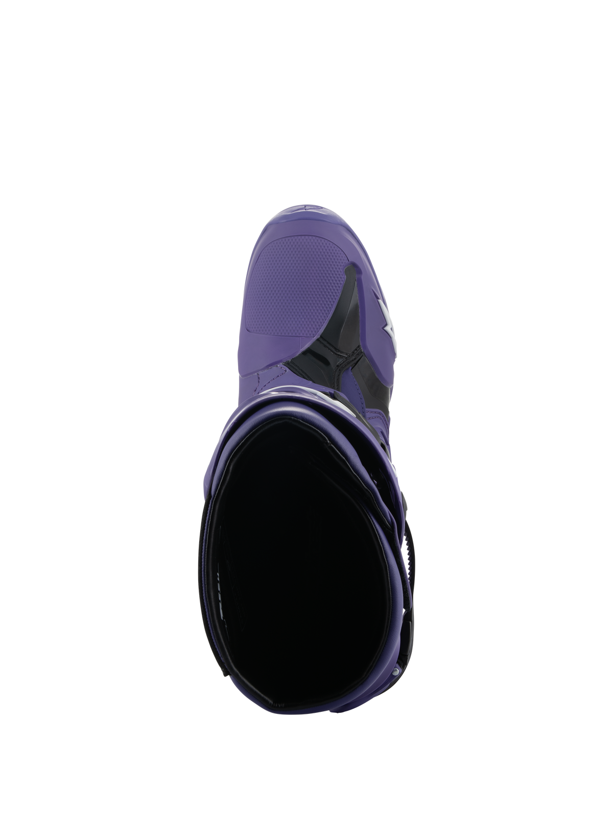 Alpinestars Tech 10-stövlar, motocross-stövlar, Ultraviolett svart, vy uppifrån in i den inre öppningen, lila mikrofiber och svart TPU-konstruktion med vit logotyp, professionella stövlar för terrängkörning