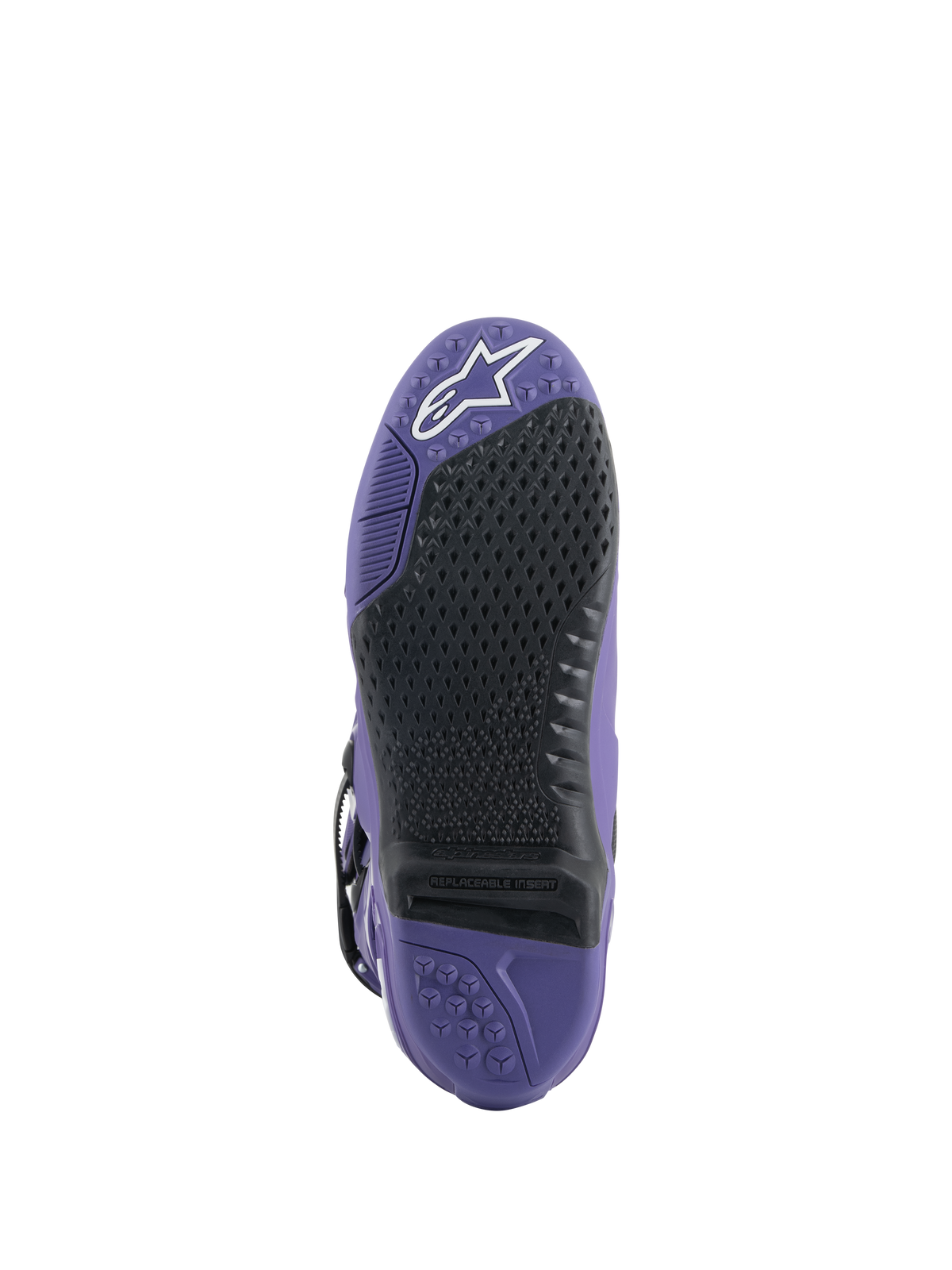 Alpinestars Tech 10-stövlar, motocross-stövlar, Ultraviolet Black, vy av sulan med utbytbar svart greppinsats, lila yttersula med texturerade mönster och vit stjärnlogotyp på tån