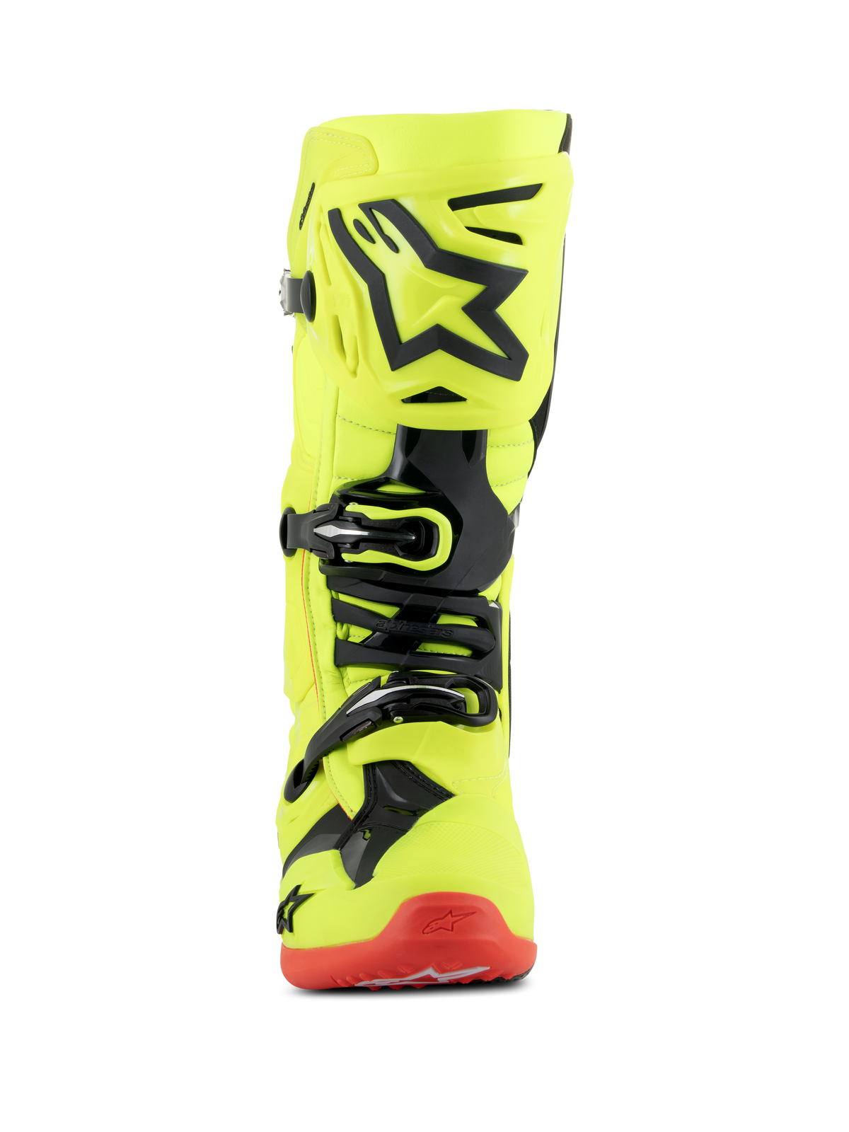 Alpinestars Tech 10-stövlar, motocross-stövlar, neongula, svarta och neonröda, vy framifrån, lysande gul fluorescerande stomme med svarta TPU-detaljer och spännsystem, röd sula, avancerad fotbeklädnad för terrängracing