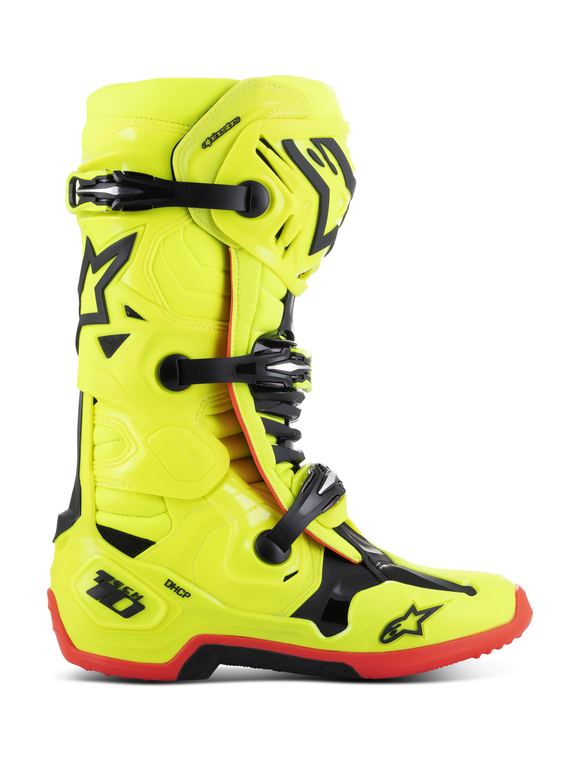 Alpinestars Tech 10-stövlar, motocross-racingstövlar, neon-gula med svarta och röda detaljer, profilvy från sidan med tredubbel spännstängning, förstärkt skenbensskydd, röd sula med högt grepp och DHCP-hälskydd, professionell offroad-motorcykelutrustning