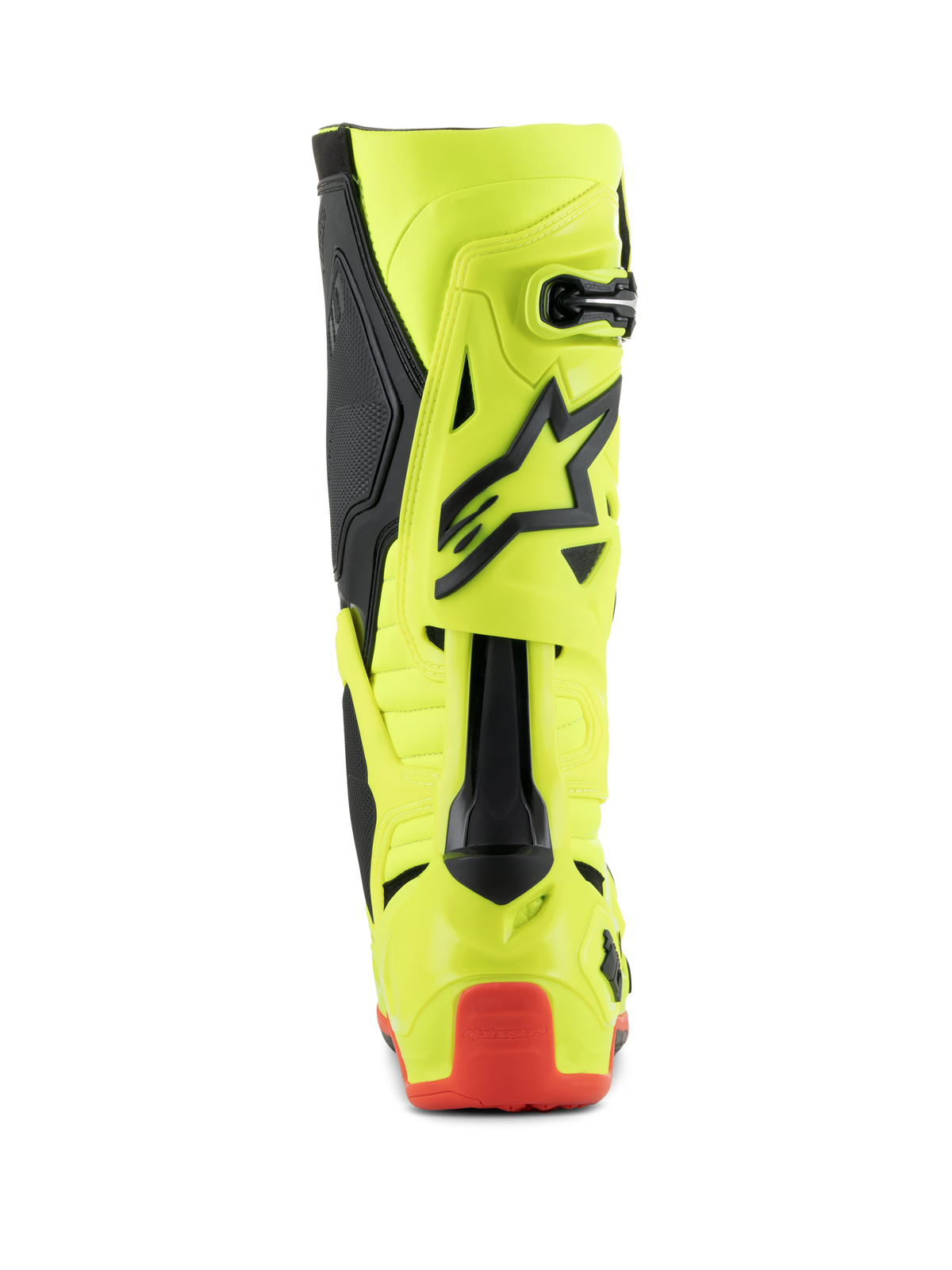 Alpinestars Tech 10-stövlar, motocross-stövlar, gul fluo, svart och röd fluo, vy bakifrån som visar gult fluorescerande chassi med svarta detaljer och rött hälskydd, professionella stövlar för terrängkörning