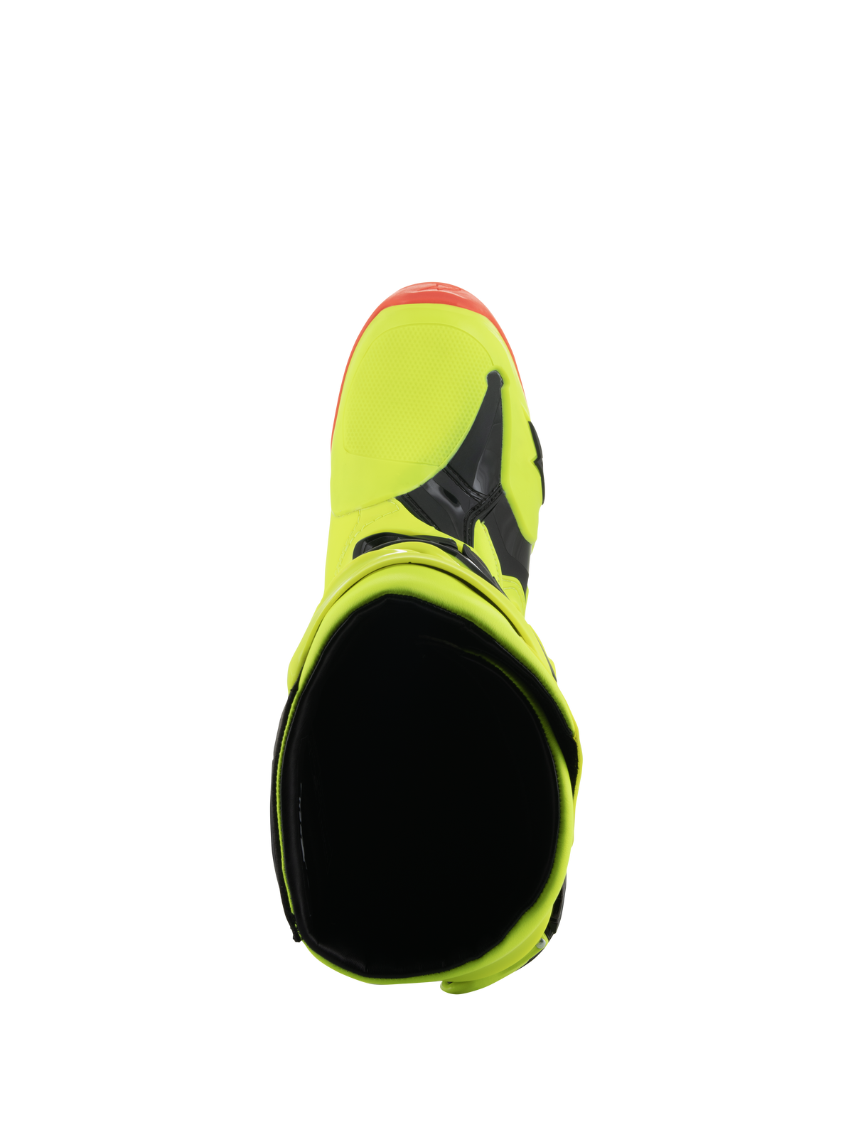 Alpinestars Tech 10-stövlar, motocross-stövlar, neon-gul, svart och neon-röd, vy ovanifrån som visar den inre öppningen och tåboxen, livfulla neonfärger med svarta detaljer, professionell fotbeklädnad för terrängkörning