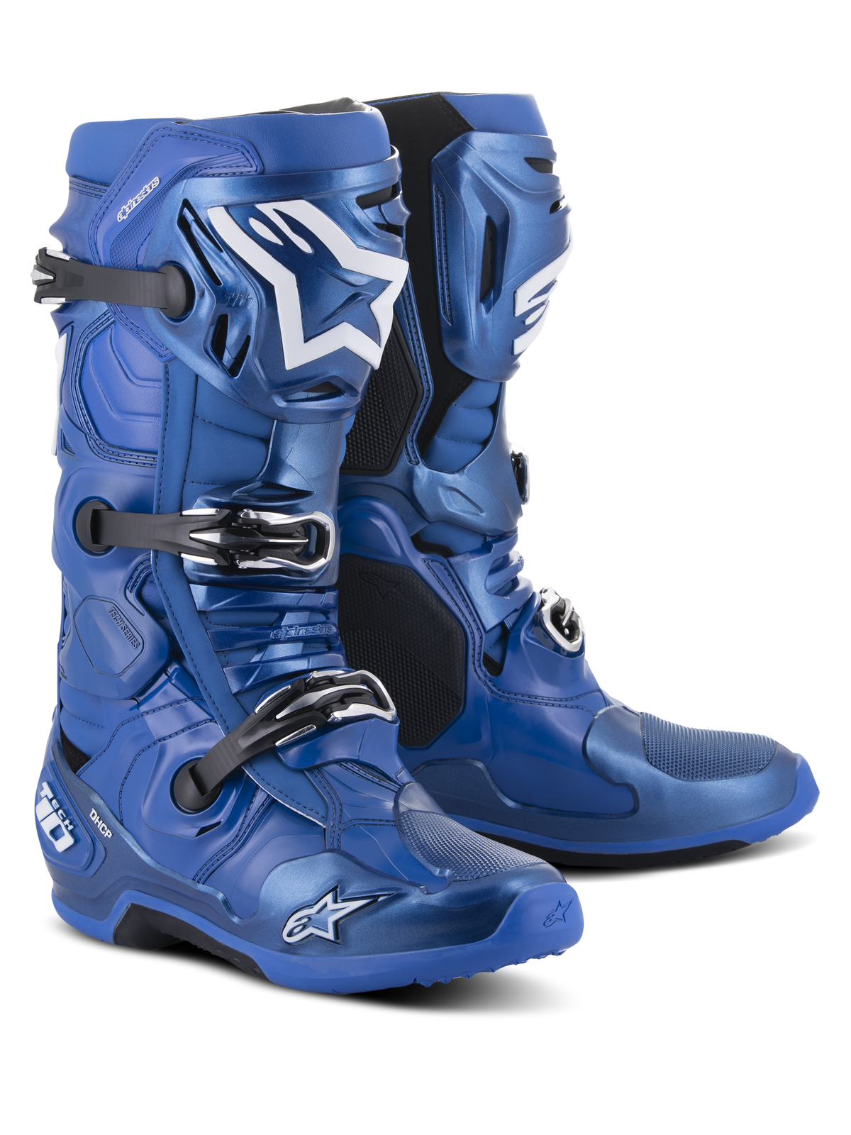 Alpinestars Tech 10-stövlar, motocross-stövlar, blå och svarta, med ett stängningssystem med tre spännen, vit Alpinestars-stjärnlogotyp på smalbenet, robust TPU-skal och förstärkt sula för terrängprestanda