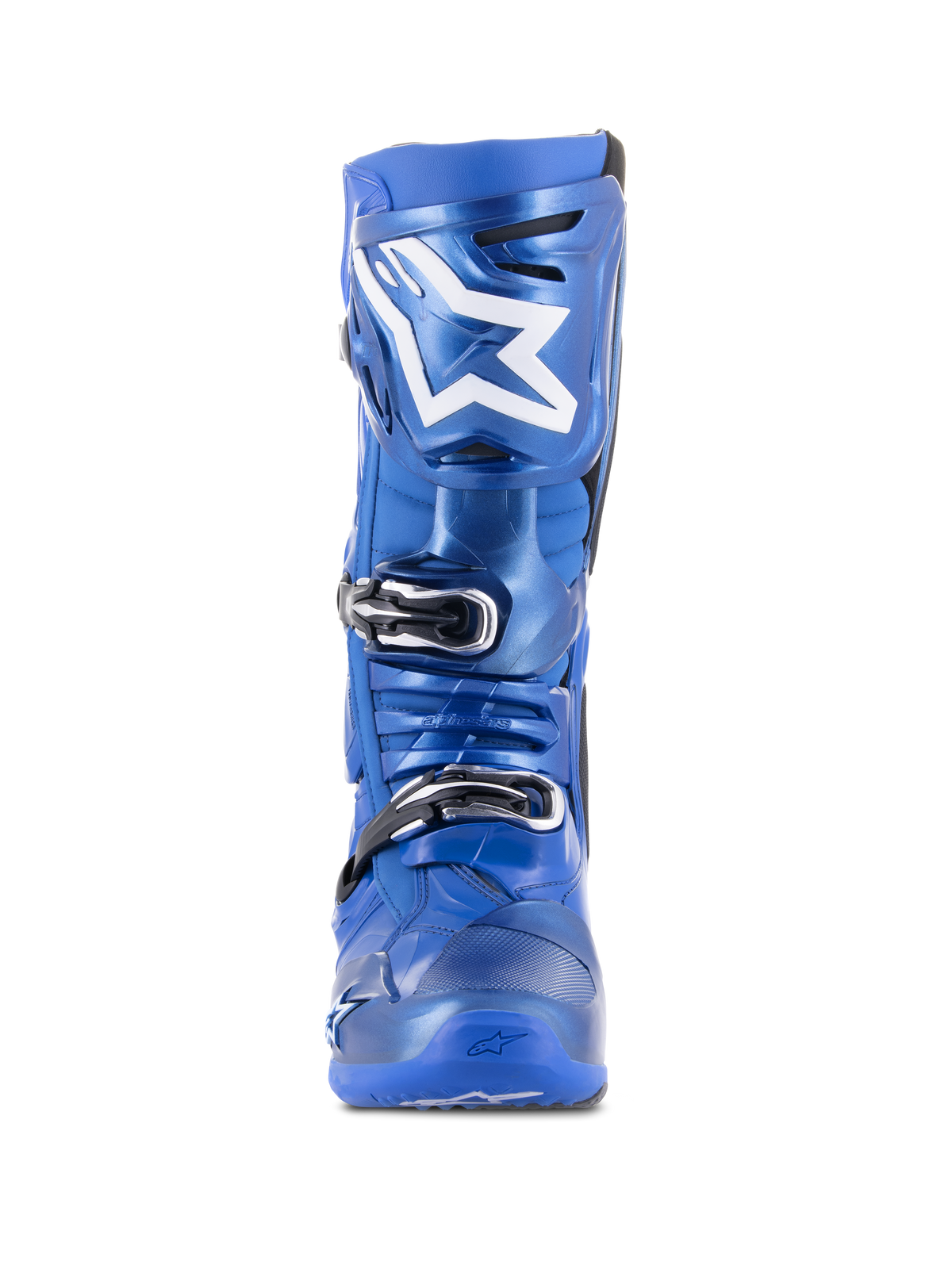 Alpinestars Tech 10 motocross-stövlar, blå och svarta, vy framifrån, med vit Astars-logotyp på skenbensplattan, trippelspännesystem i svart och silver, hållbar TPU-skalkonstruktion för offroad-prestanda