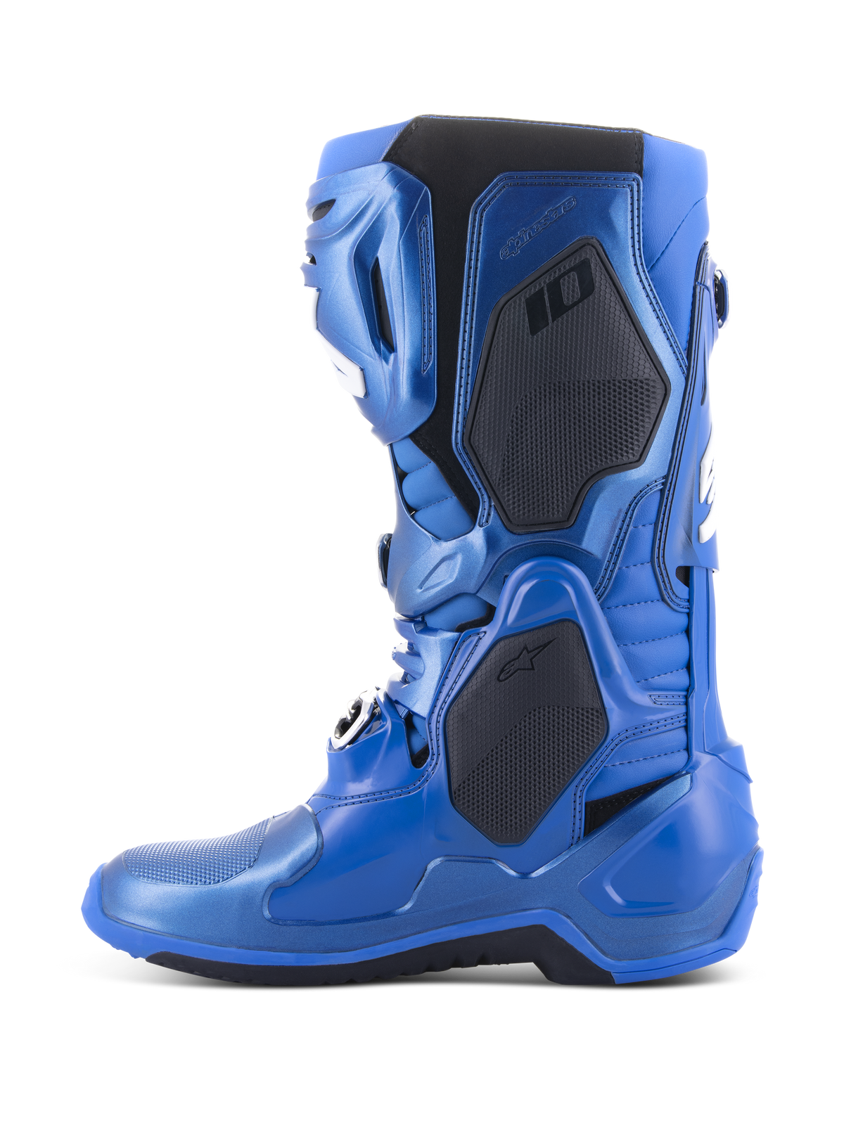 Alpinestars Tech 10 stövlar, motocrossstövlar, metallicblå och svart, sidoprofil som visar svarta skyddspaneler och metallicblå finish, avancerad teknisk design för professionell motocross