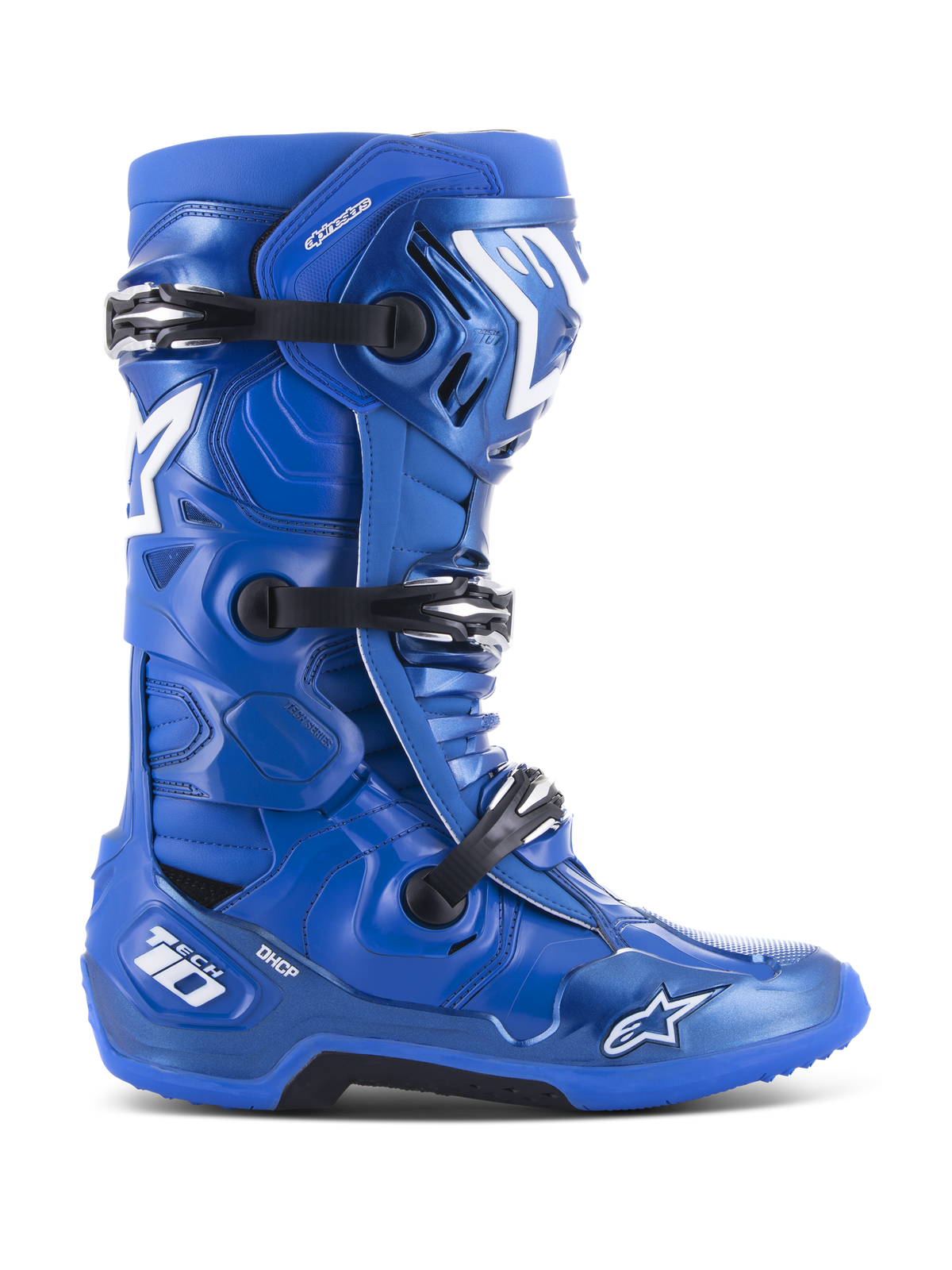 Alpinestars Tech 10 motocross-stövlar, blå med vita och svarta detaljer, sidoprofil, trippelspännesystem, DHCP-hälskydd, stjärnlogotyp och Tech 10-logotyp, robust sula med högt grepp, professionell racingutrustning för terrängkörning