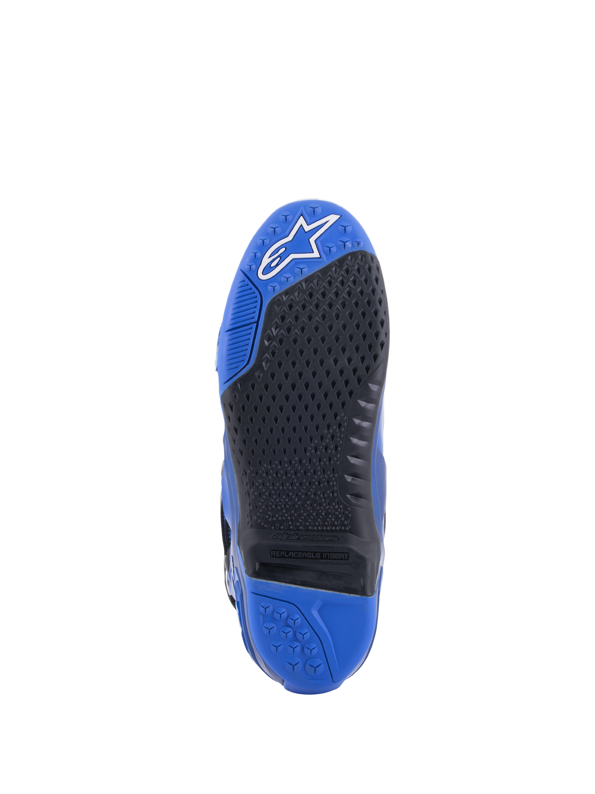 Alpinestars Tech 10-stövlar, blå och svarta, detaljerad vy av sulan med ett texturerat svart greppmönster och en utbytbar central insats, blå tå med vit logotyp och blå häl, högpresterande motocross-stöveldesign