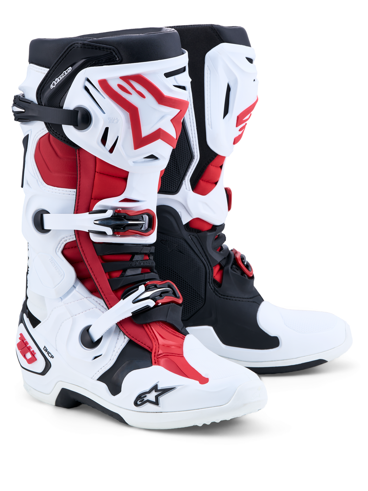 Alpinestars Tech-10 stövlar, motocross-stövlar för terrängkörning, vita, svarta och röda, CE-certifierade med Frontal Flex Frame, TPU-skal och Dynamic Heel Compression Protector.