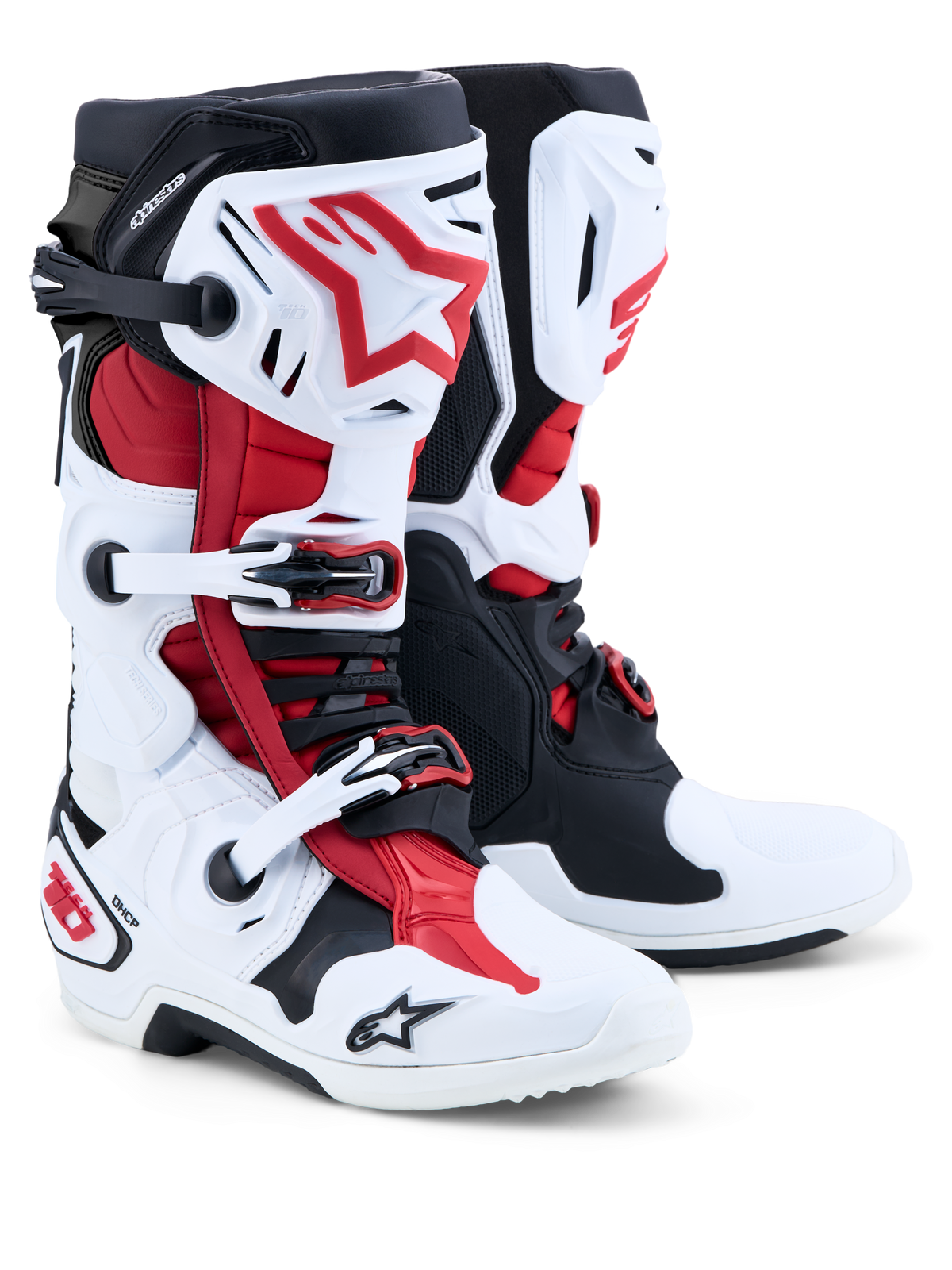 Alpinestars Tech 10-stövlar, motocrossstövlar, vita, svarta och klarröda, parvy som framhäver TPU-skyddsplattor, spännsystem och DHCP-hälstöd.