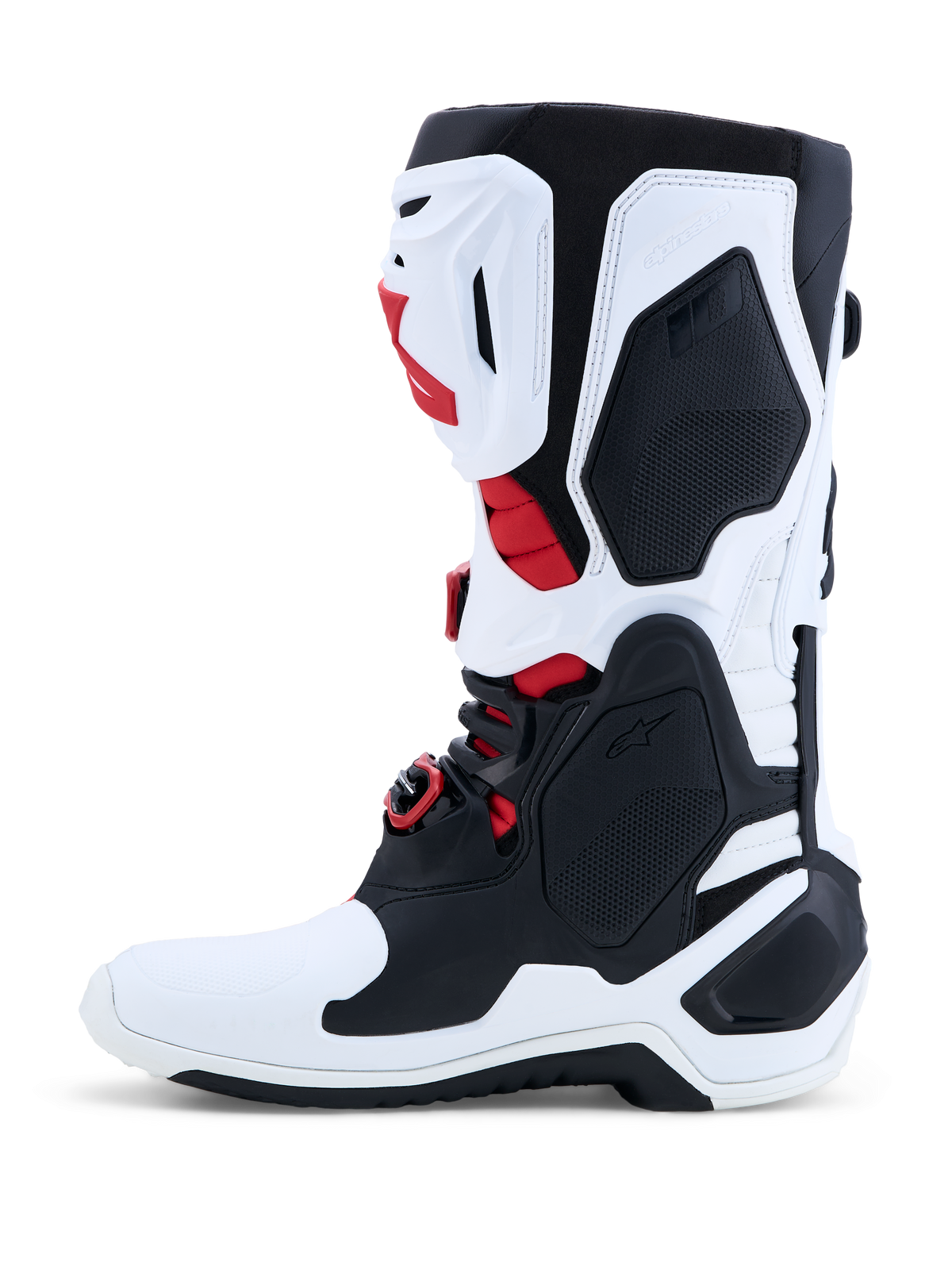 Alpinestars Tech-10 stövlar, motocrossstövlar, vita, svarta och röda, med CE-certifierat TPU-skal för terrängkörning.