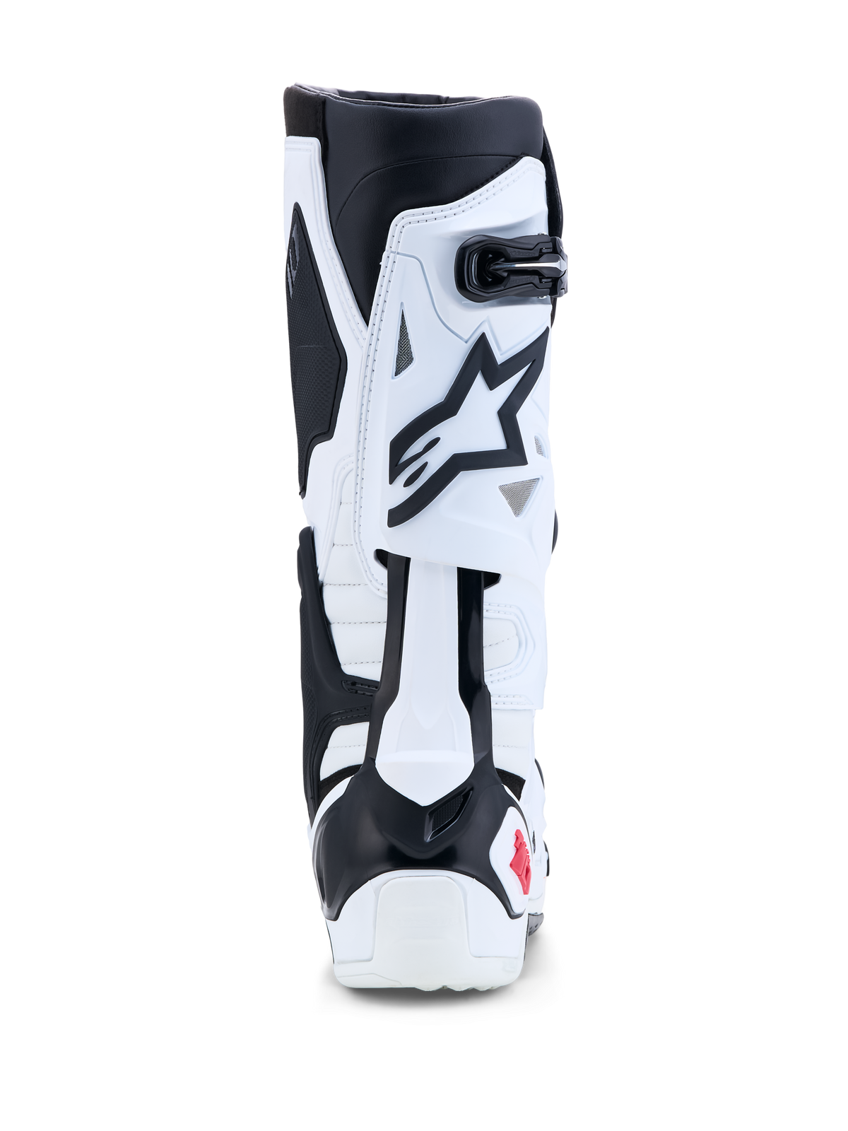 Alpinestars Tech-10 motocrossstövlar, vita och svarta, vy bakifrån med fokus på bakre blad för hyperextensionskontroll.