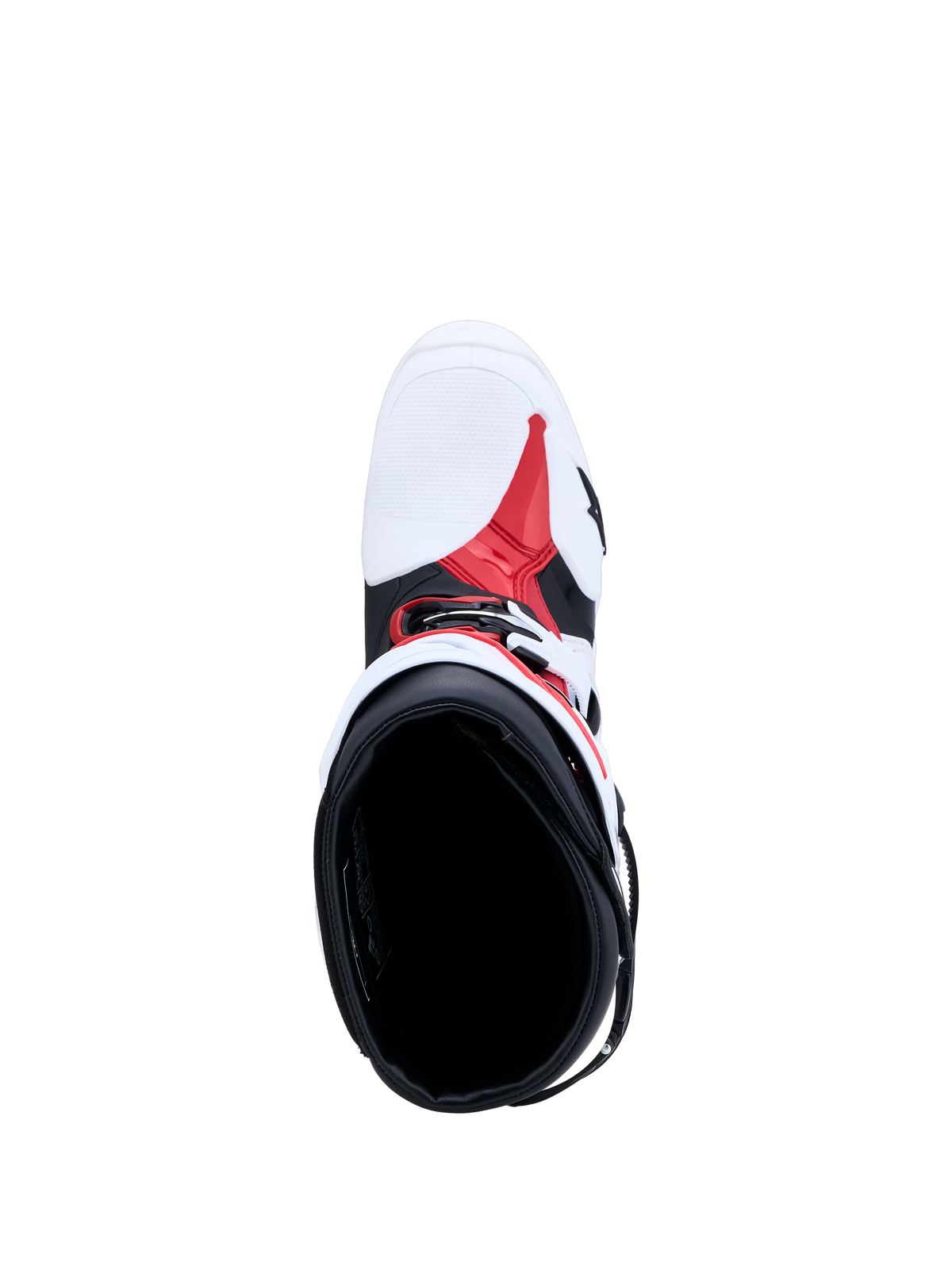 Alpinestars Tech-10 stövlar i vitt, svart och rött, vy uppifrån som visar motocrossstövelns insida och TPU-chassi.