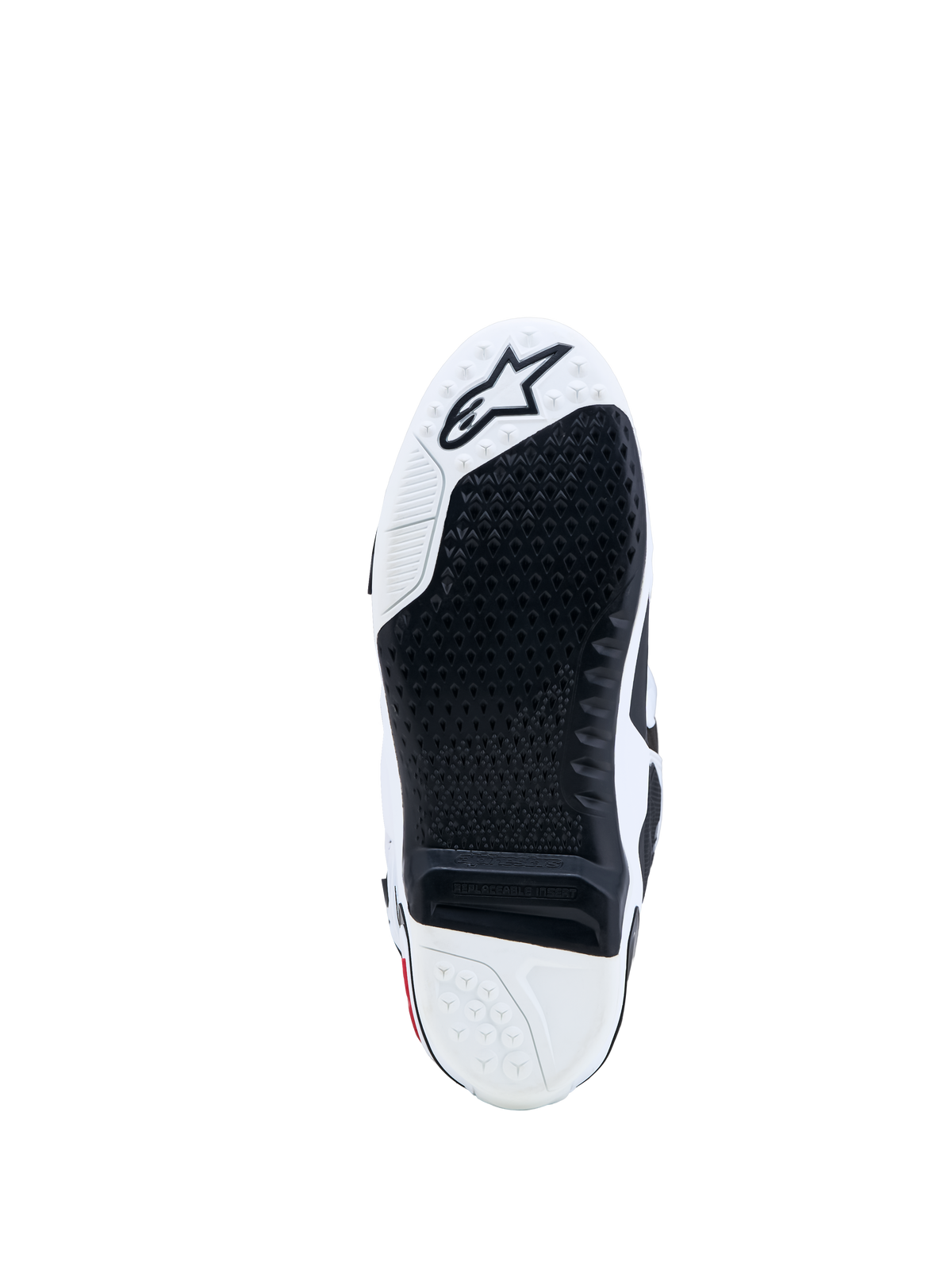 Alpinestars Tech-10 stövlar, motocross-sula i svart och vitt med utbytbar greppinsats och stjärnlogotyp.