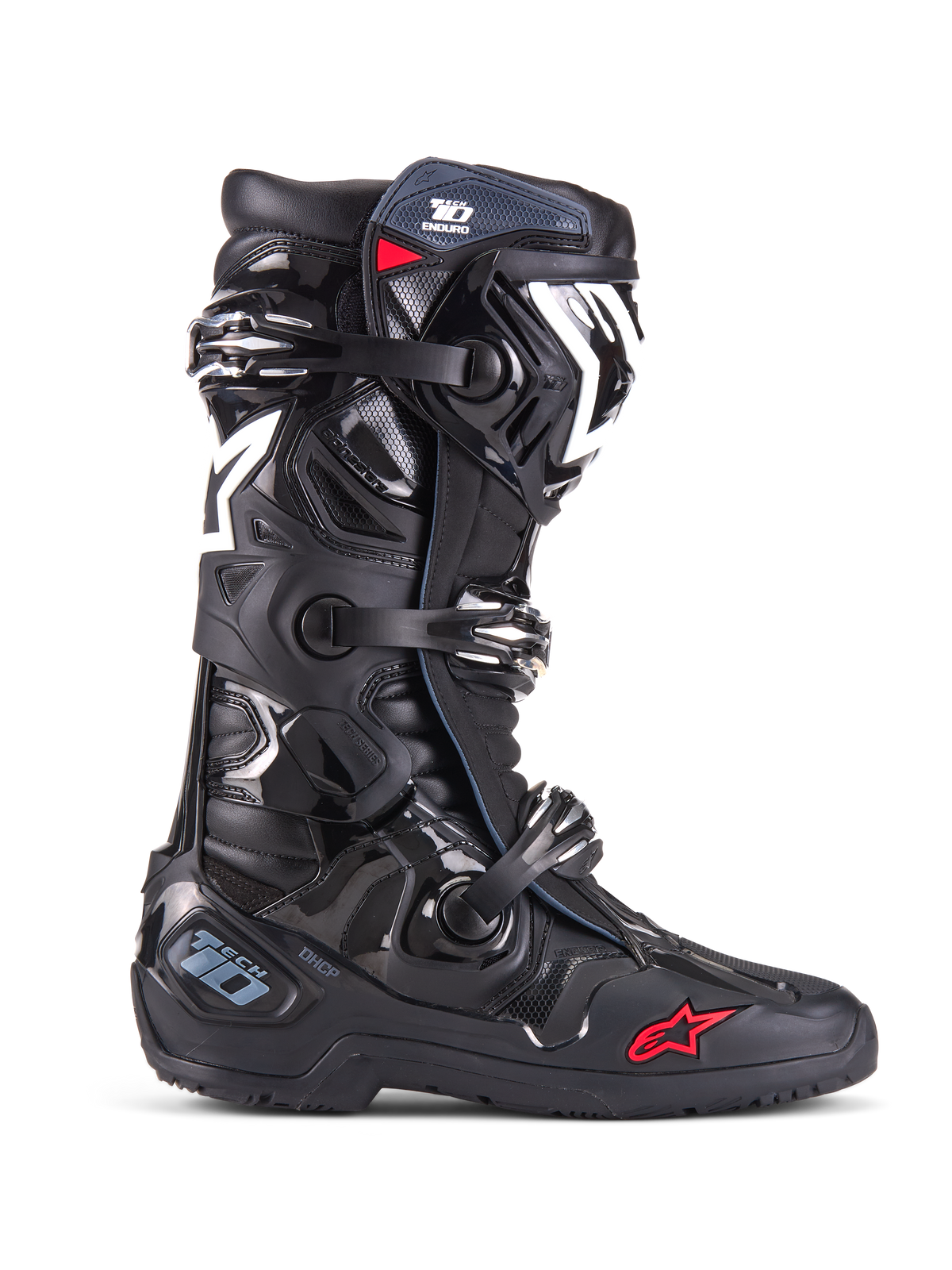 Alpinestars Tech 10 Enduro Boots, Motocross Off-Road Boots, Black with White and Red Accents, Triple Buckle Closure System, Protective TPU Shin Guard and Heel Plate, Rugged Enduro Sole, Iconic Star Logo, Premium Racing Protection