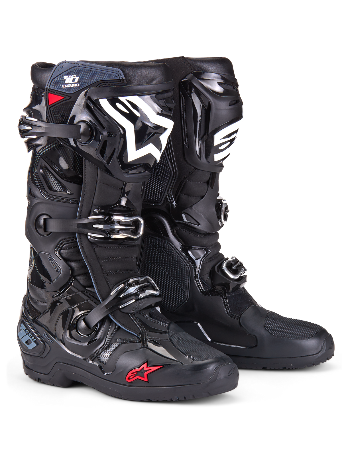 Alpinestars Tech 10 Enduro Boots, Motocross Boots, Black with white shin logo and small red star detail, featuring triple buckle closure system, durable TPU armor, and specialized enduro sole for off-road racing
