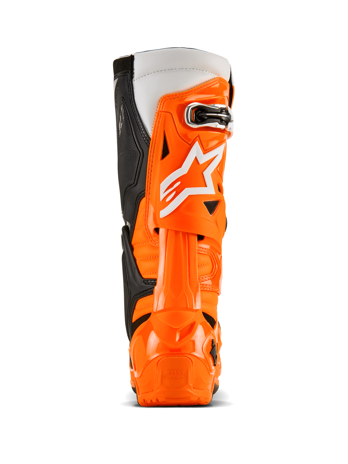Alpinestars Tech 10 Enduro-stövlar, vy bakifrån, Orange Fluo Black White, livfullt orange TPU-skyddsskal, vit Alpinestars-logotyp, svarta sidopaneler och specialiserat hälskydd för terrängkörning