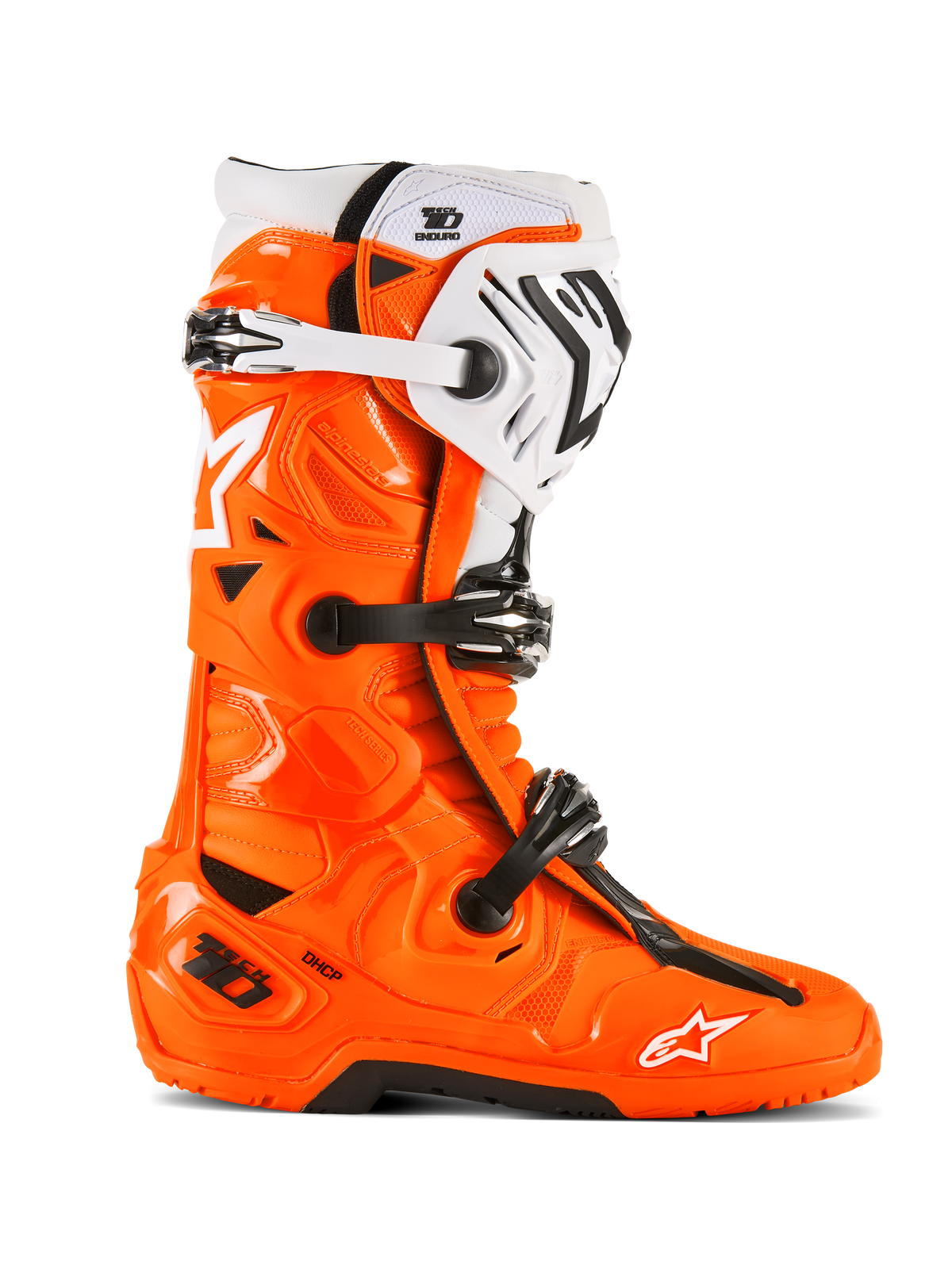 Alpinestars Tech 10 Enduro-stövlar, motocross- och terrängstövlar, fluorescerande orange med svarta och vita detaljer, sidovy med tredubbelt spännsystem, robust svart sula och skyddande TPU-konstruktion för endurokörning.