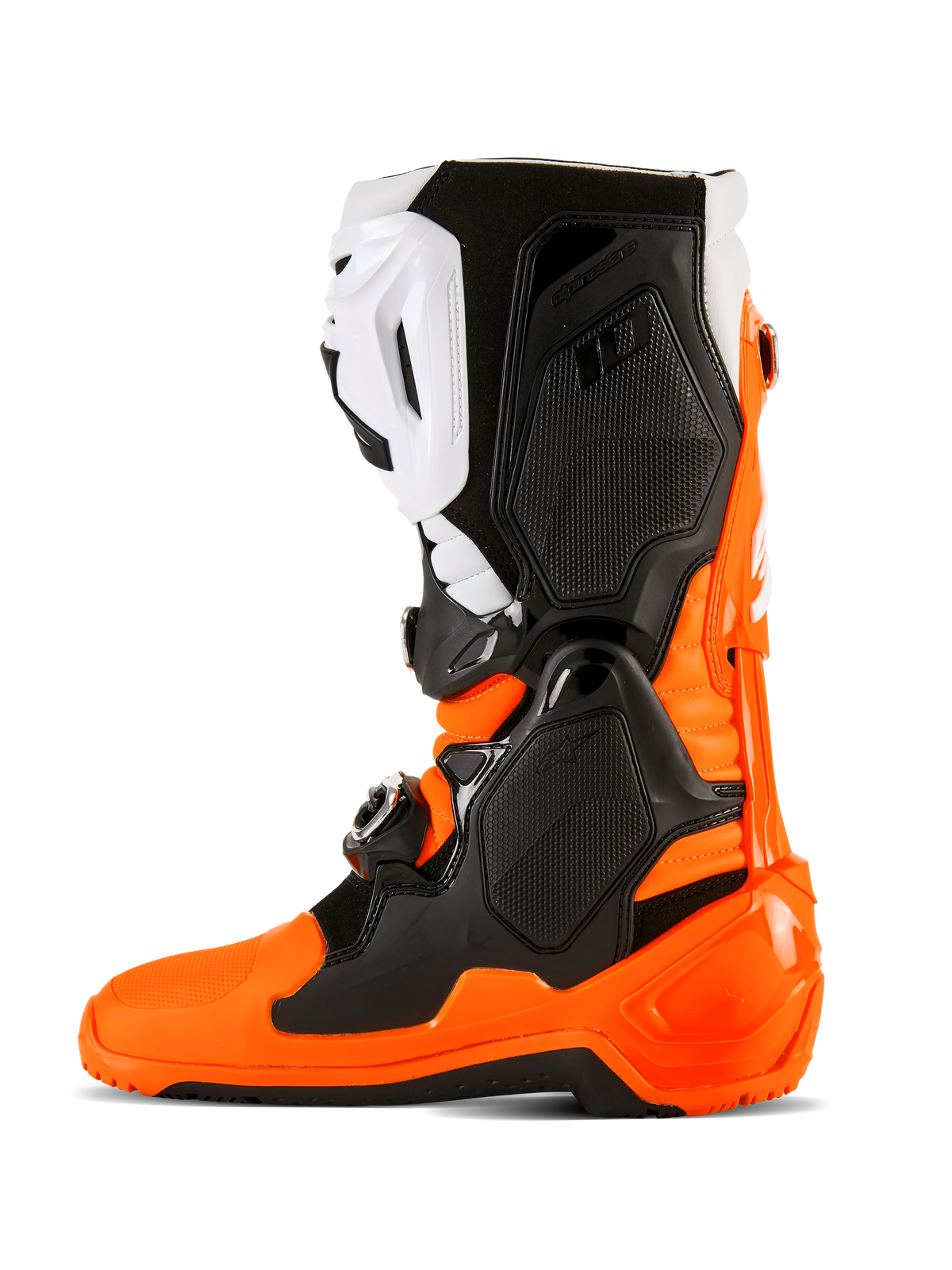 Alpinestars Tech 10 Enduro-stövlar, fluorescerande orange, svart och vit, högpresterande motocross- och terrängskor med ett tredubbelt spännsystem, skyddande TPU-paneler och en specialiserad enduro-sula i dubbelförening för maximalt grepp.