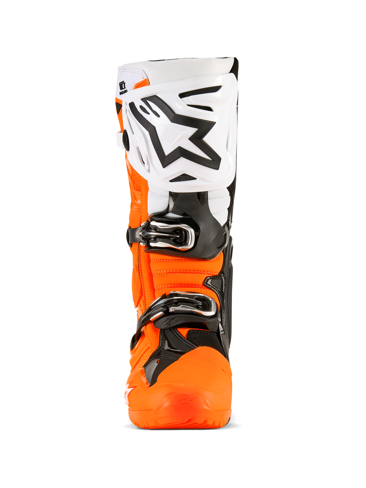 Alpinestars Tech 10 Enduro-stövlar, motocross-stövlar, neonorange, svart och vit, vy framifrån med stor vit skenbensplatta och svart Alpinestars-logotyp, svarta spännen och robust orange skyddsskal