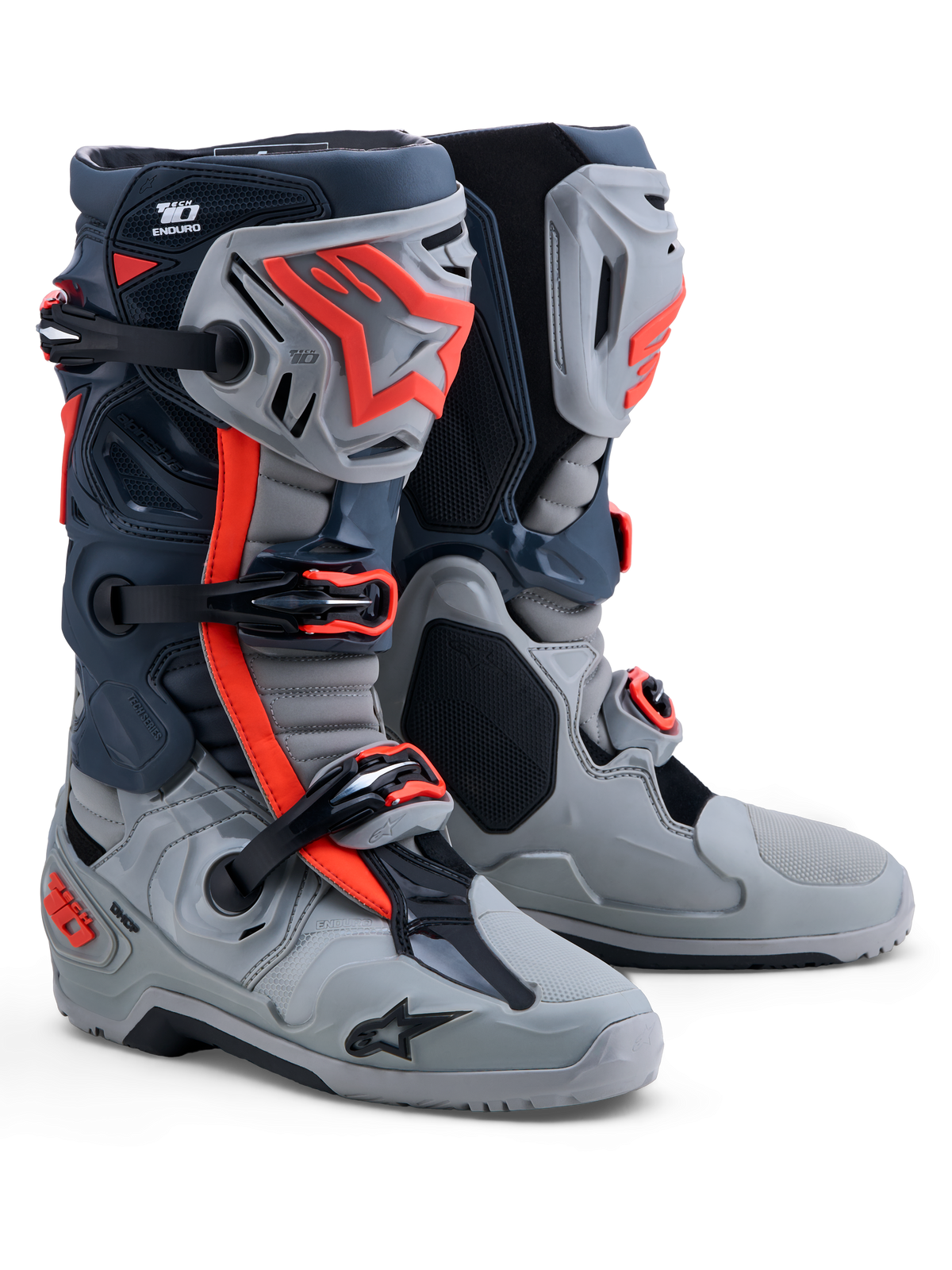 Alpinestars Tech-10 Enduro Boots, men's off-road boots in Gray and Red Fluo, featuring TPU protection and CE certification.