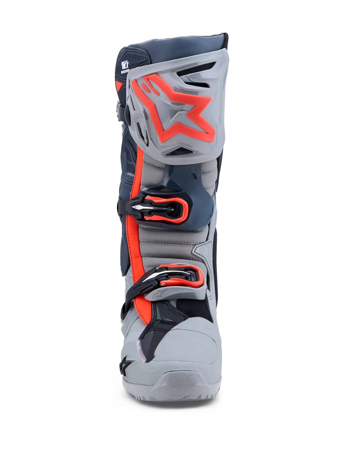 Alpinestars Tech-10 Enduro Boots, gray and red fluo motocross boots featuring a triple buckle closure and TPU shin plate.