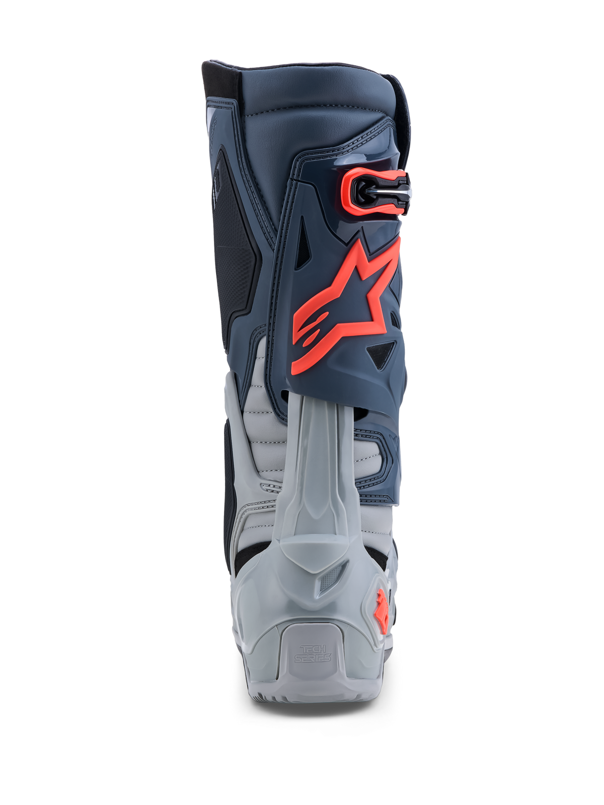 Alpinestars Tech-10 Enduro Boots, off-road racing, gray and red fluo, with rear heel protection and durable TPU construction.