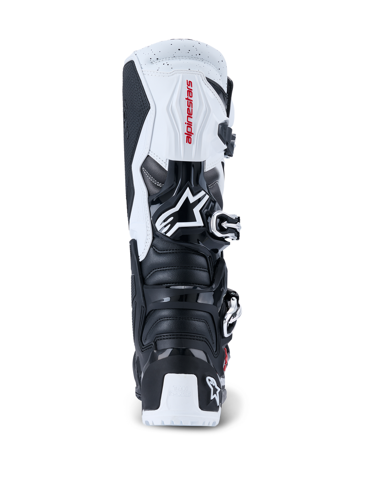 Alpinestars 2026 Tech 7 Enduro Boots, Motocross and Enduro Boots, Black and White, rear view showing TPU protective plates on the heel and calf, red Alpinestars branding on white upper panel, and silver buckle closure system, designed for high-performance off-road riding.